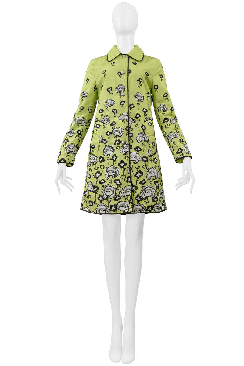 PRADA LIME GREEN PARKA WITH BLACK & WHITE FLORAL PRINT AND LARGE SNAPS