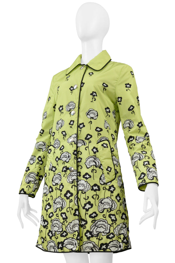 PRADA LIME GREEN PARKA WITH BLACK & WHITE FLORAL PRINT AND LARGE SNAPS