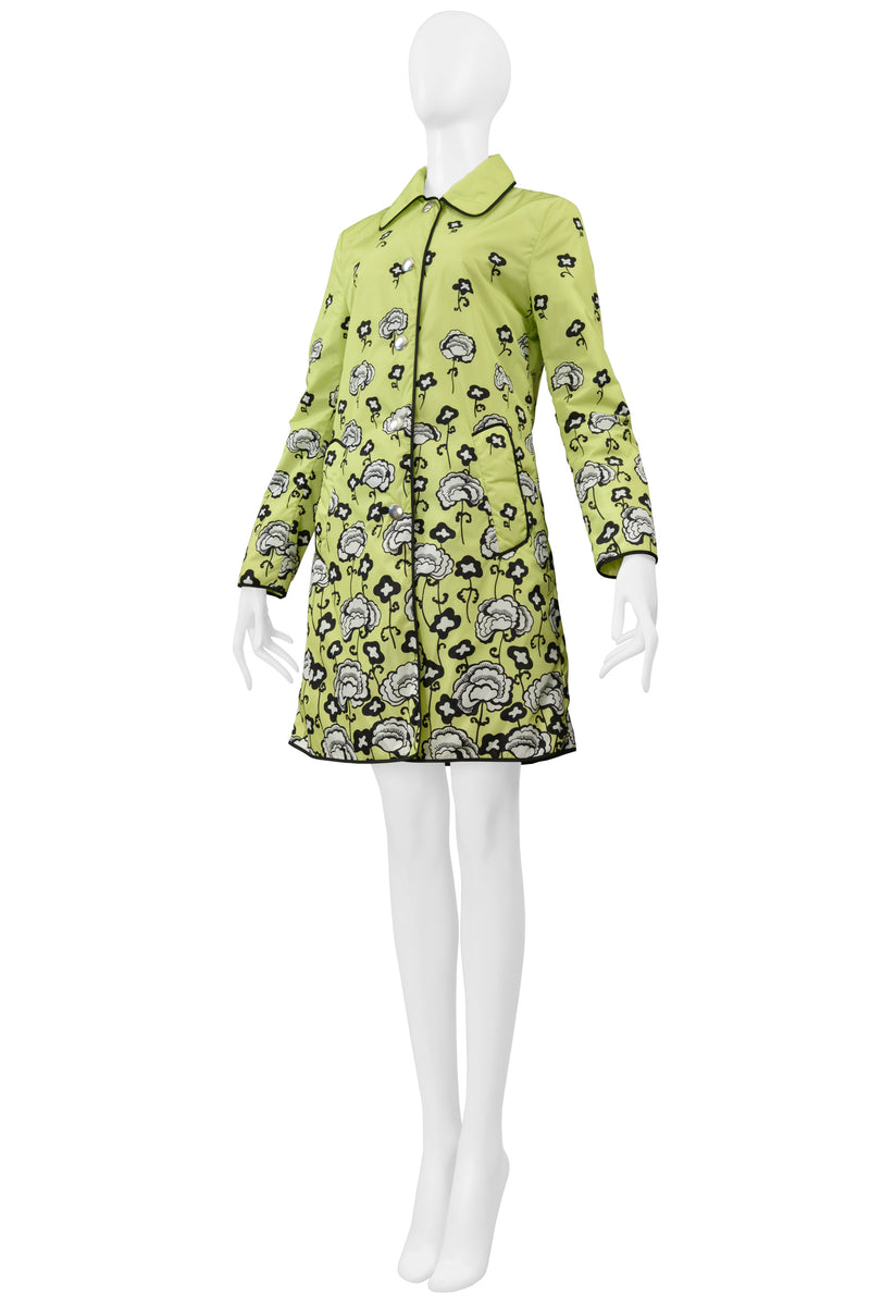 PRADA LIME GREEN PARKA WITH BLACK & WHITE FLORAL PRINT AND LARGE SNAPS