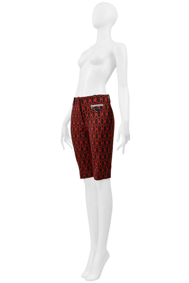 PRADA RED AND NAVY GEOMETRIC PRINT WALKING SHORTS 2019