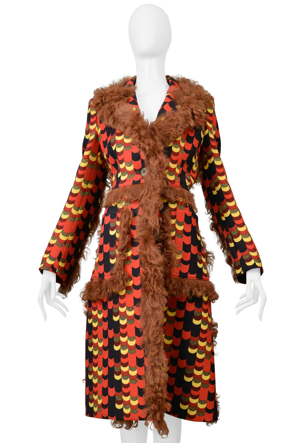 PRADA RED MULTICOLOR GRAPHIC PRINT COAT WITH ORANGE SHEARLING TRIM 2014