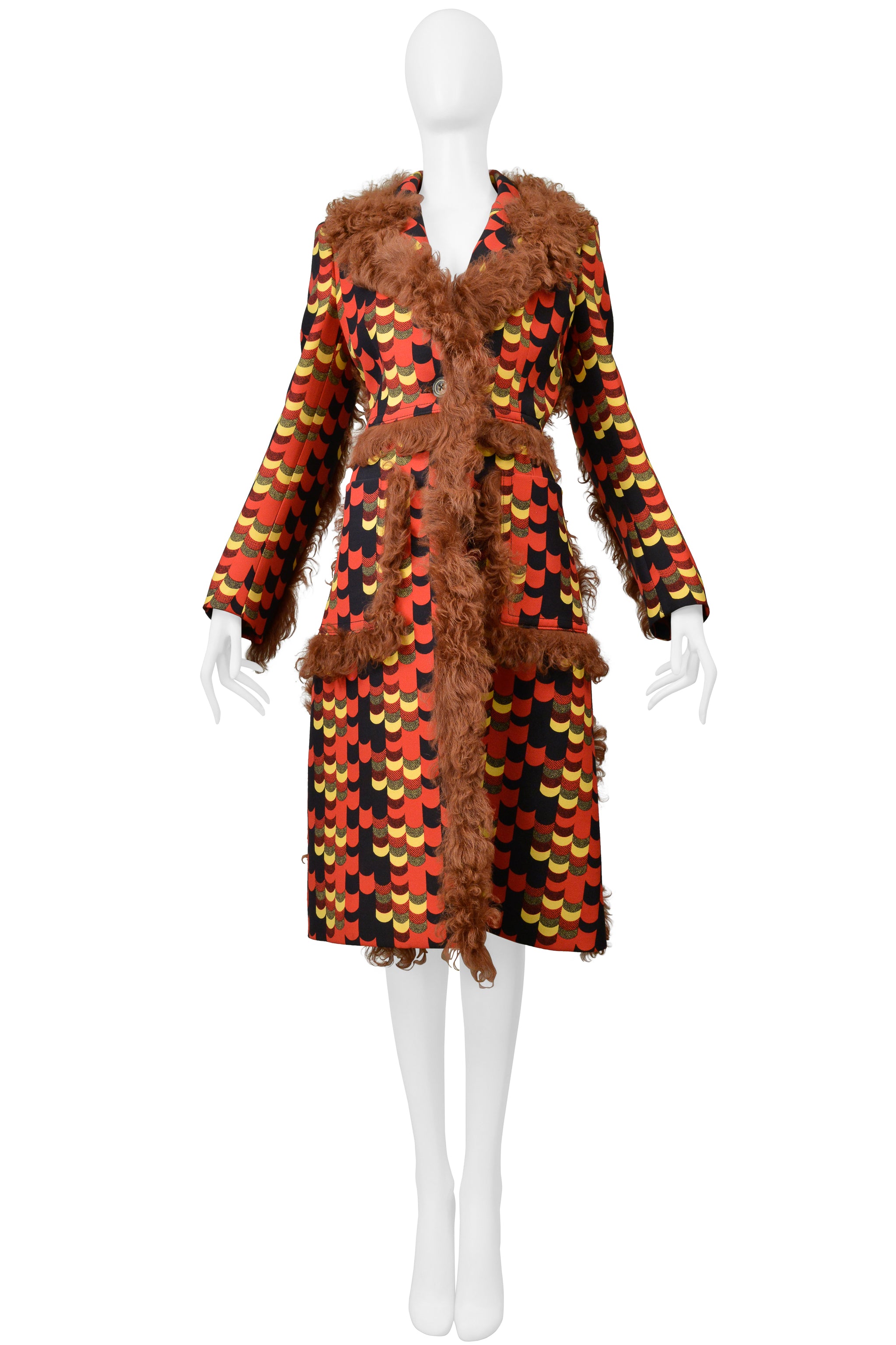 PRADA RED MULTICOLOR GRAPHIC PRINT COAT WITH ORANGE SHEARLING TRIM 2014