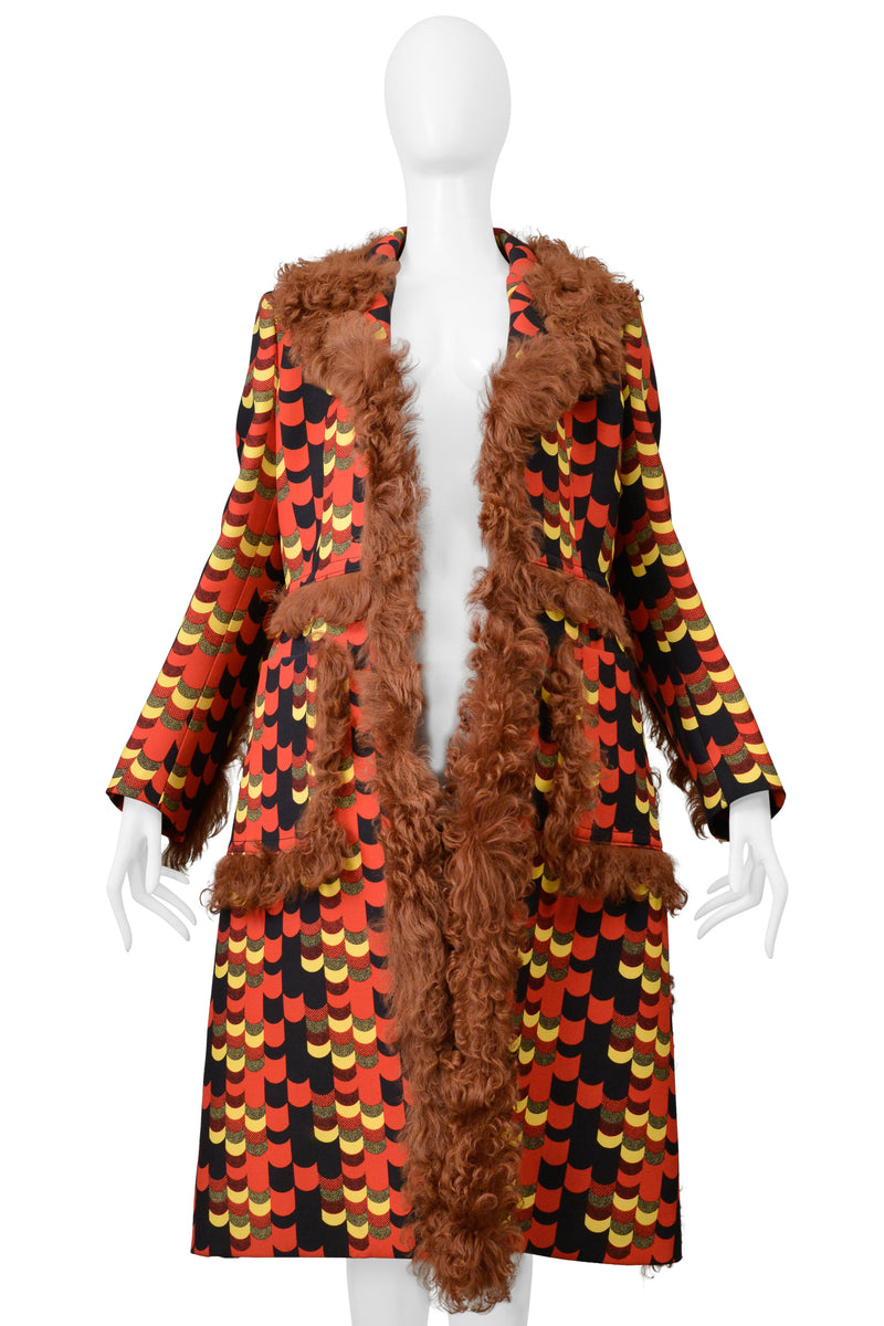 PRADA 2014 RED MULTICOLOR GRAPHIC PRINT COAT WITH ORANGE SHEARLING TRIM