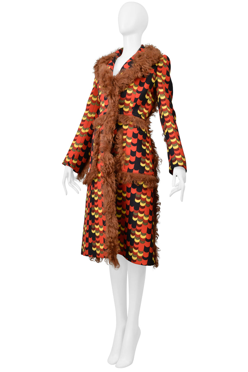 PRADA 2014 RED MULTICOLOR GRAPHIC PRINT COAT WITH ORANGE SHEARLING TRIM