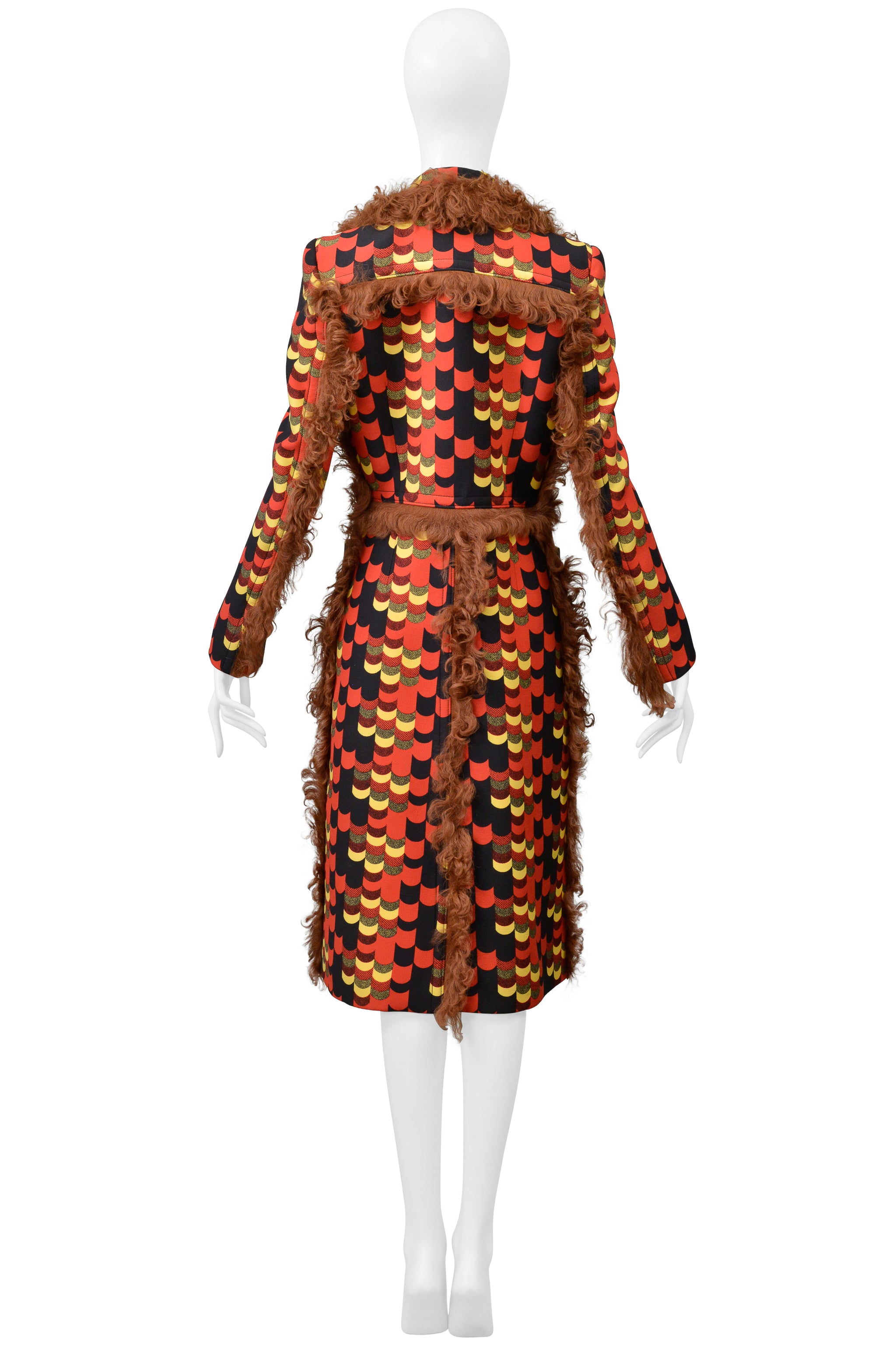 PRADA RED MULTICOLOR GRAPHIC PRINT COAT WITH ORANGE SHEARLING TRIM 2014