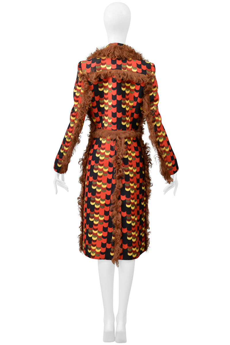 PRADA 2014 RED MULTICOLOR GRAPHIC PRINT COAT WITH ORANGE SHEARLING TRIM