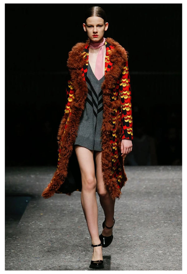 PRADA 2014 RED MULTICOLOR GRAPHIC PRINT COAT WITH ORANGE SHEARLING TRIM