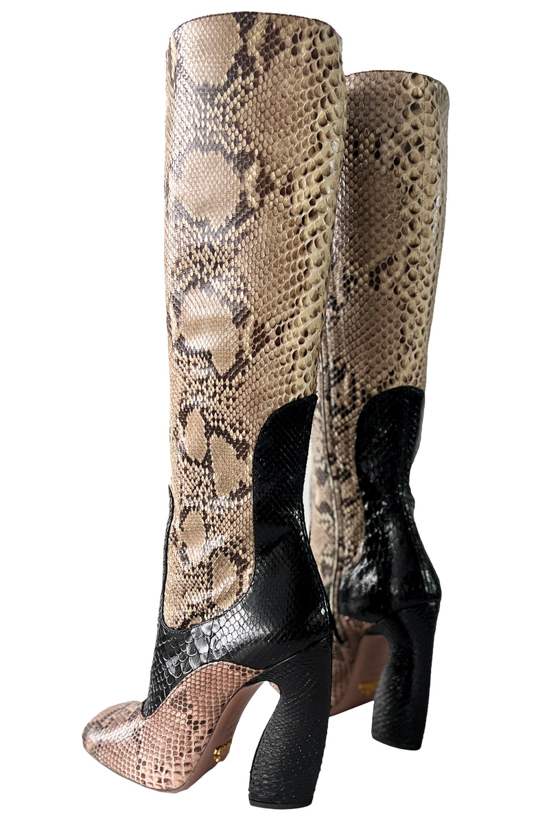 PRADA BLACK, PINK, AND NATURAL SNAKESKIN BOOTS 2011