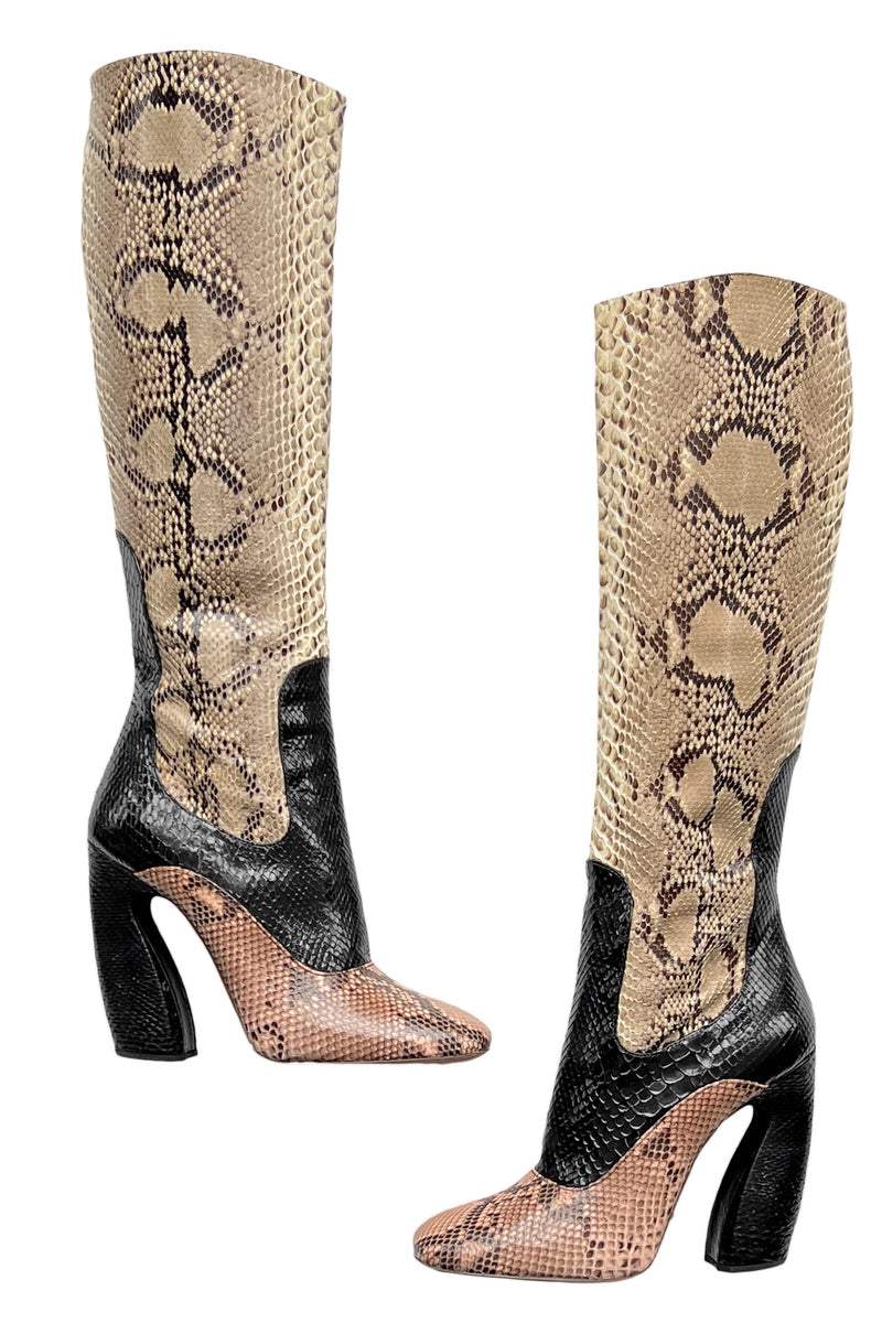 PRADA BLACK, PINK, AND NATURAL SNAKESKIN BOOTS 2011