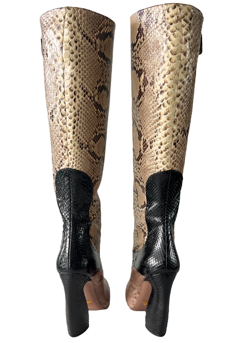 PRADA BLACK, PINK, AND NATURAL SNAKESKIN BOOTS 2011