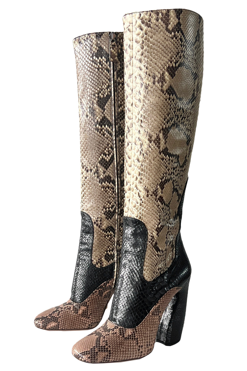 PRADA BLACK, PINK, AND NATURAL SNAKESKIN BOOTS 2011