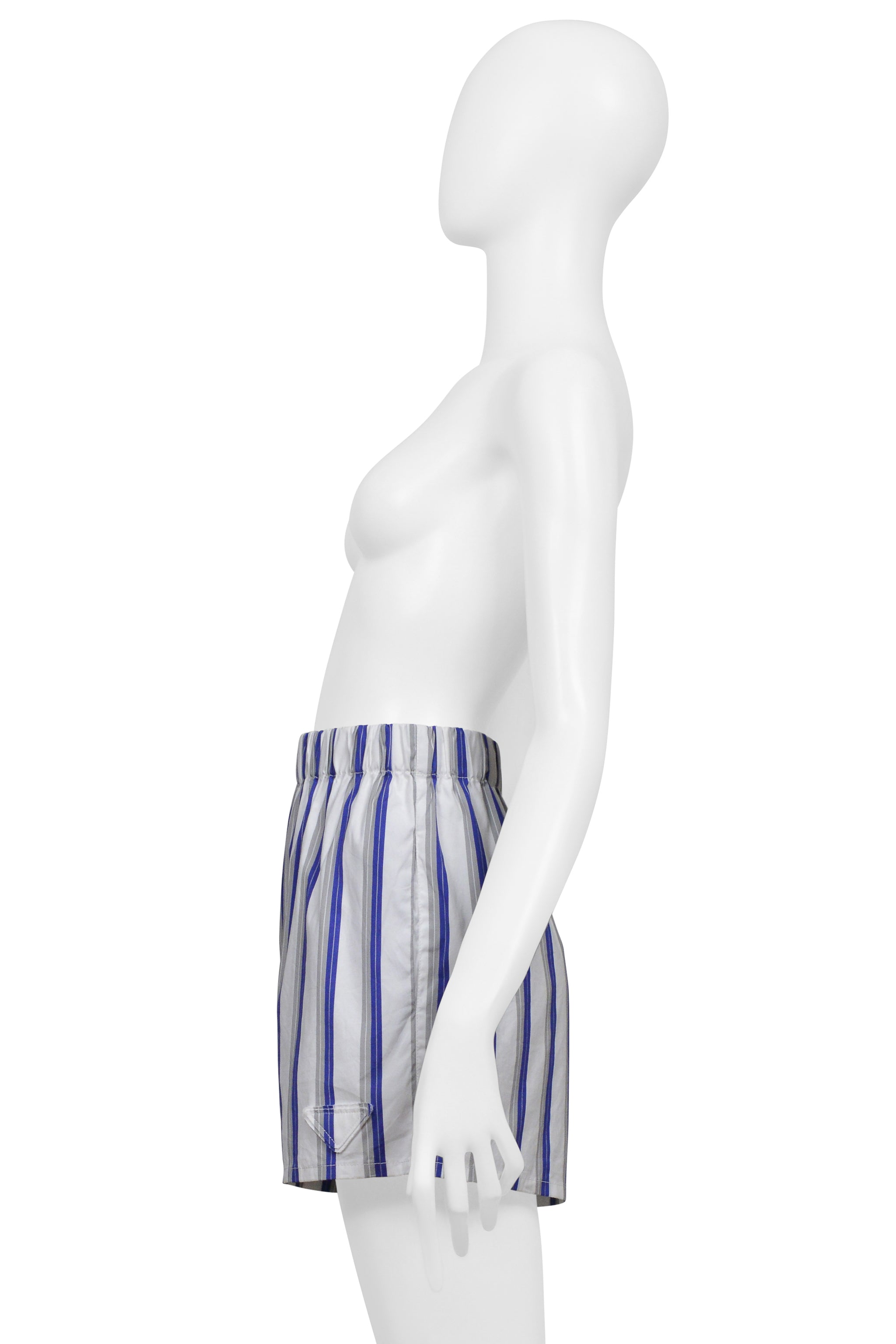 PRADA WHITE AND BLUE STRIPE COTTON MINI SHORTS