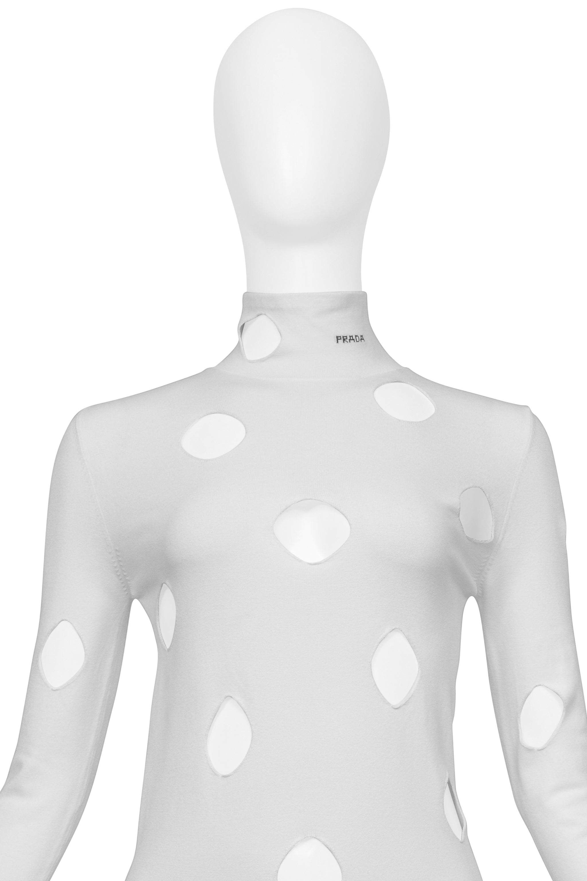 PRADA WHITE CUTOUT KNIT SWEATER WITH HIGH NECK PRADA WHITE CUTOUT KNIT SWEATER WITH HIGH NECK