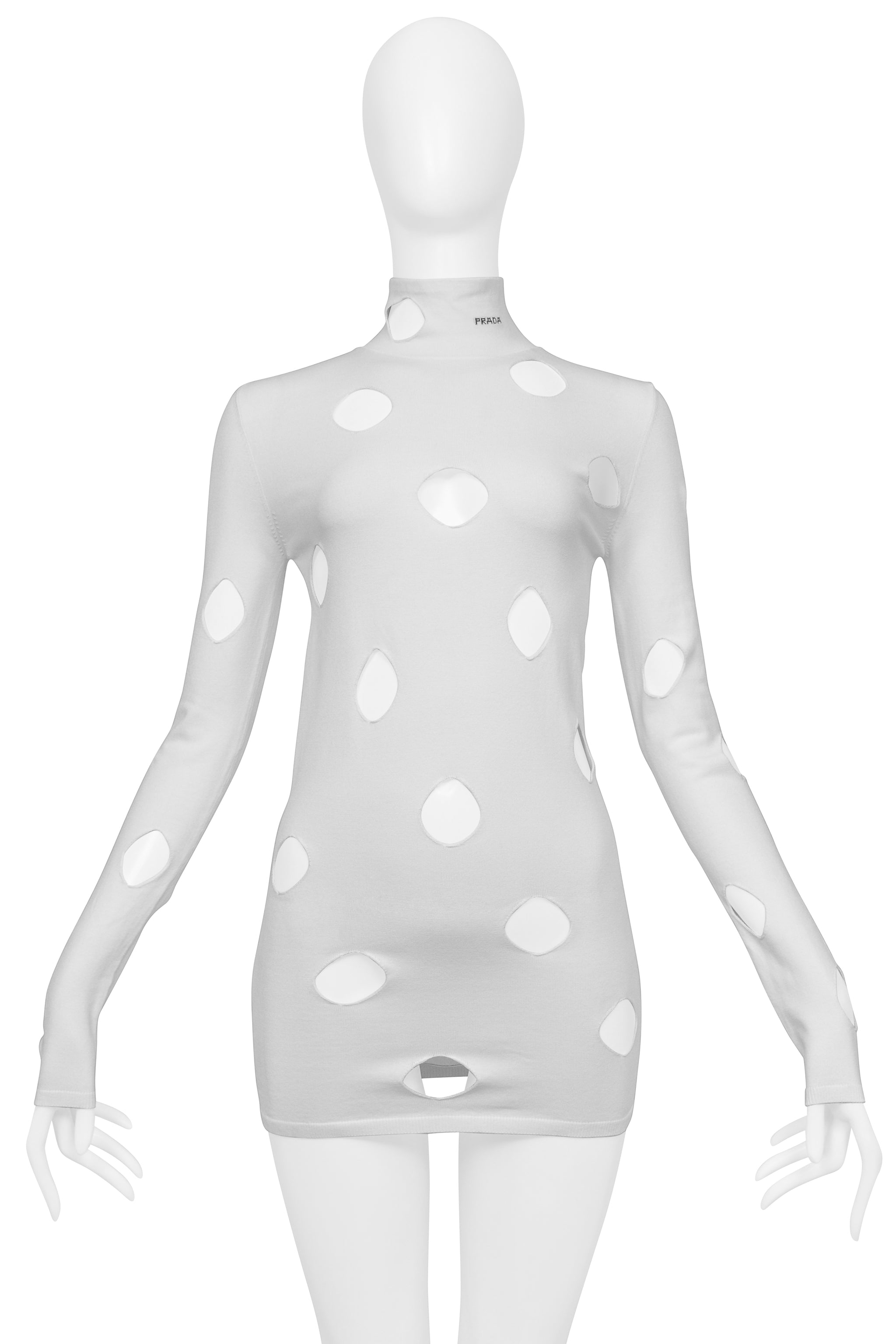 PRADA WHITE CUTOUT KNIT SWEATER WITH HIGH NECK PRADA WHITE CUTOUT KNIT SWEATER WITH HIGH NECK