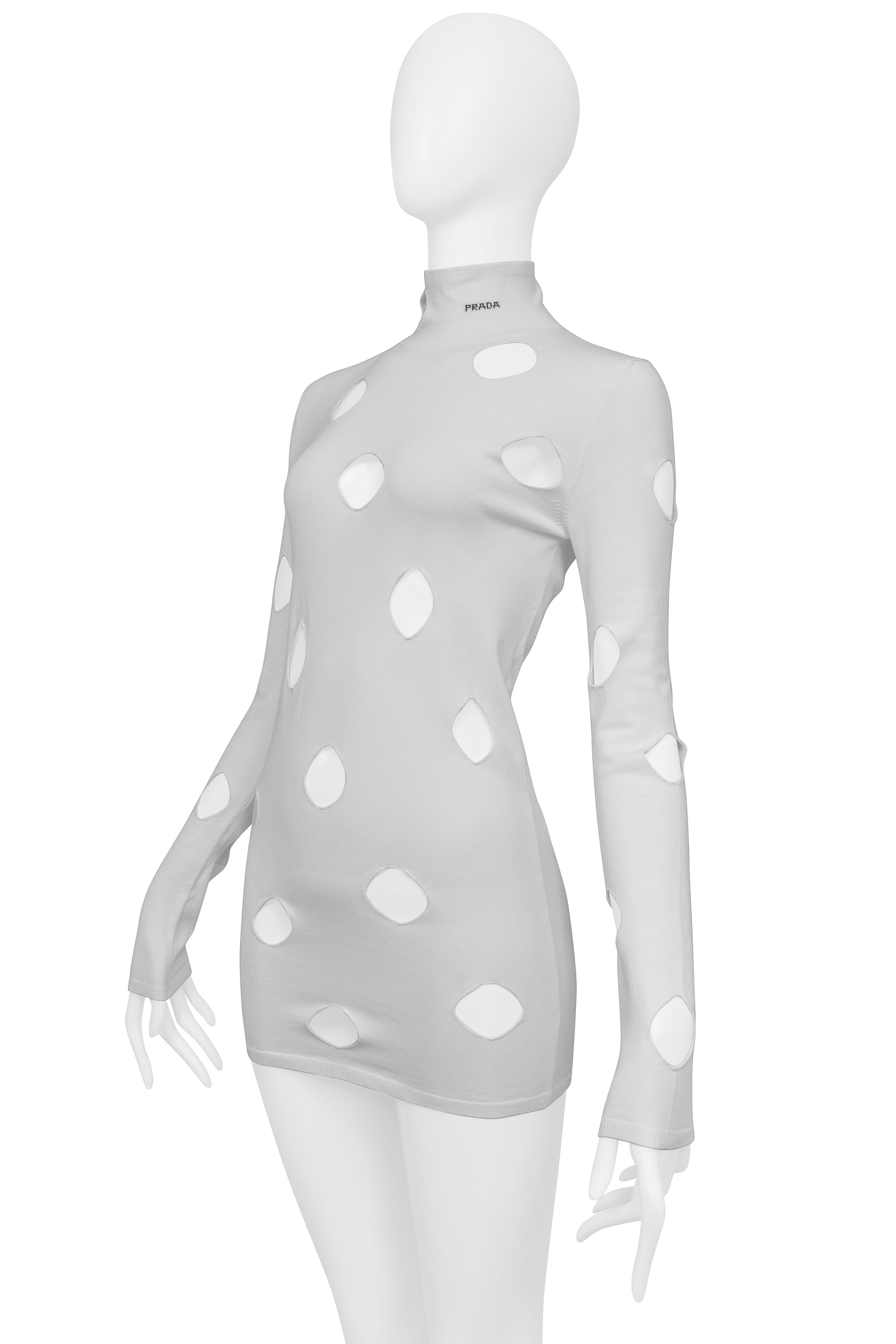 PRADA WHITE CUTOUT KNIT SWEATER WITH HIGH NECK PRADA WHITE CUTOUT KNIT SWEATER WITH HIGH NECK