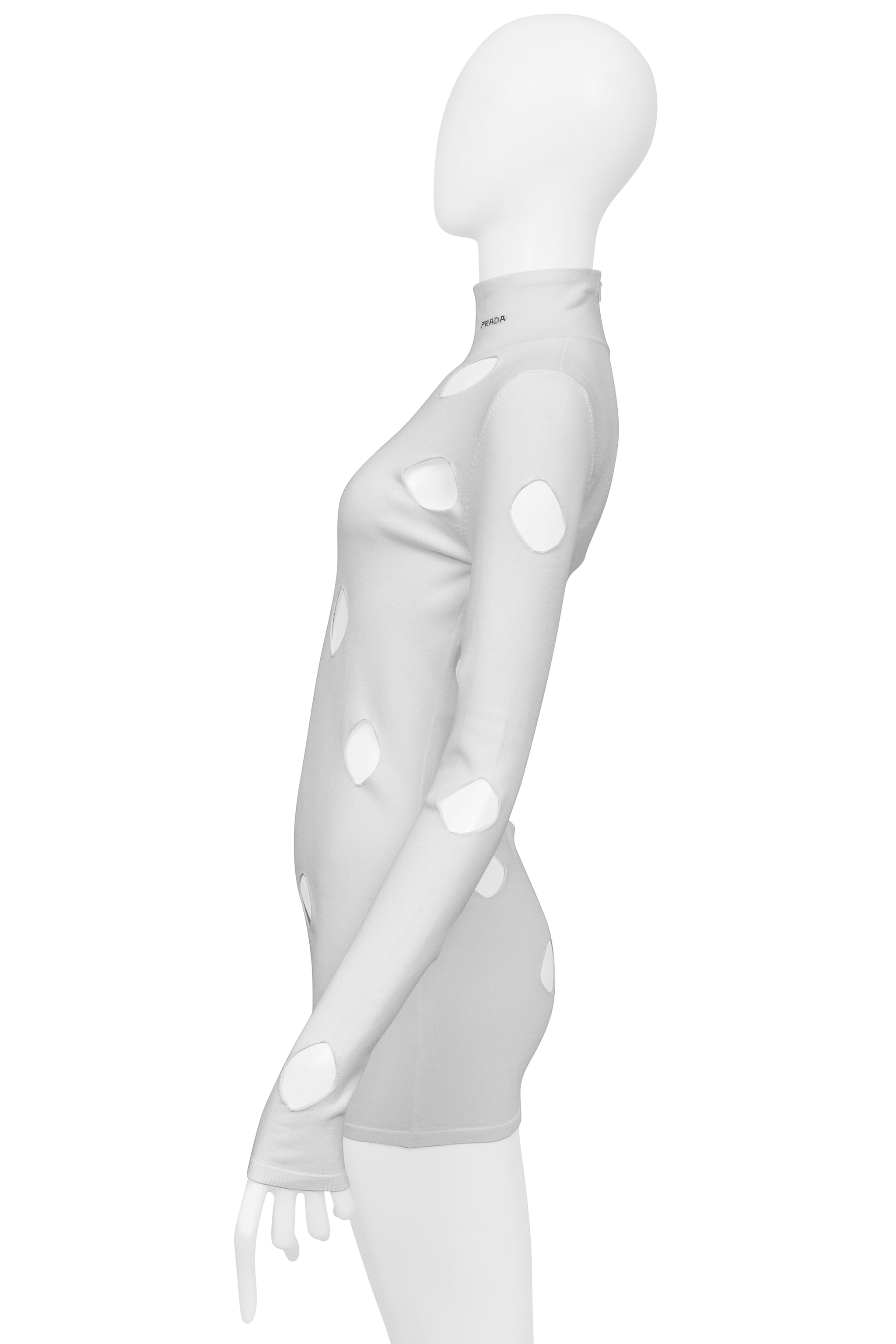 PRADA WHITE CUTOUT KNIT SWEATER WITH HIGH NECK PRADA WHITE CUTOUT KNIT SWEATER WITH HIGH NECK