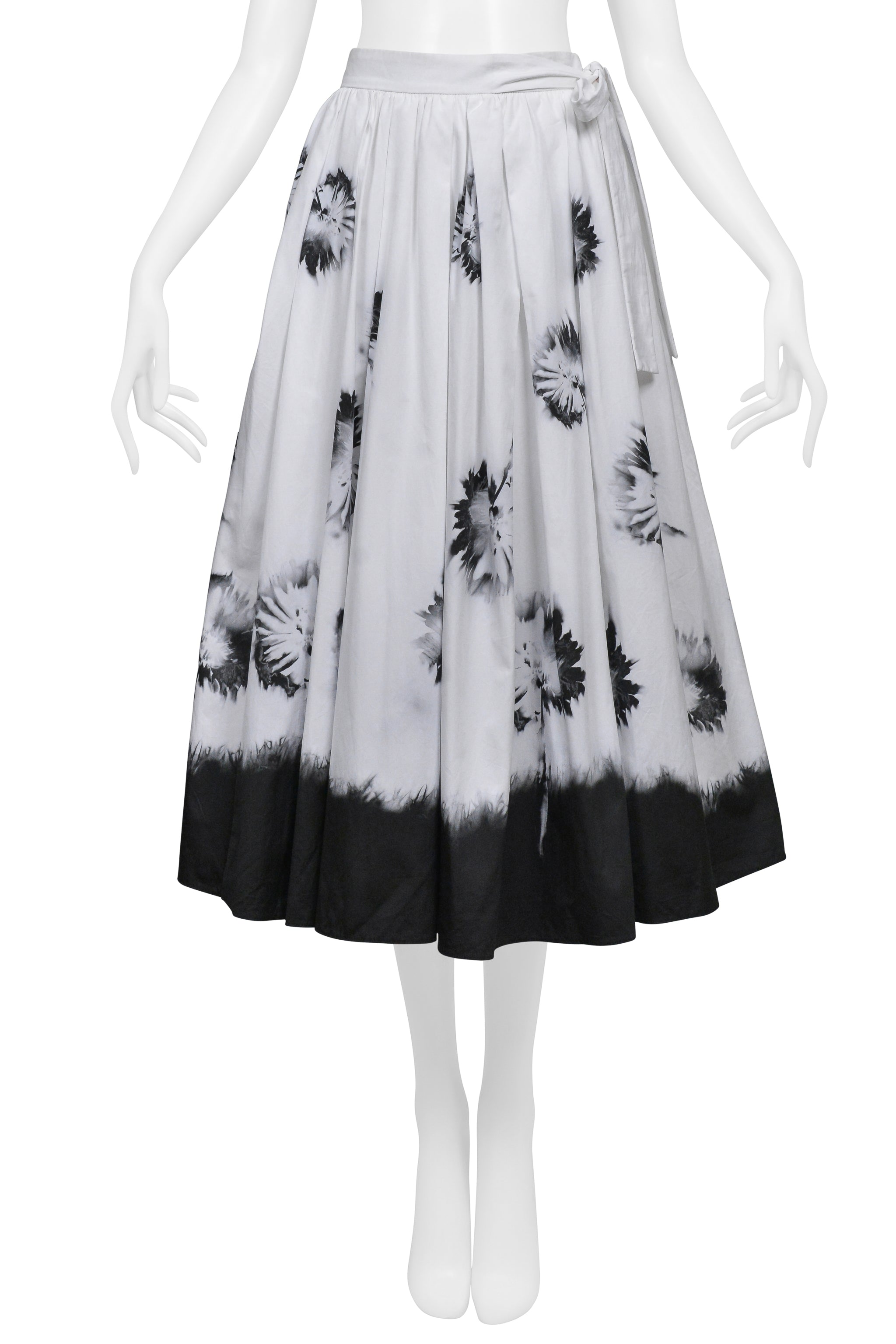 PRADA WHITE SKIRT WITH BLACK FLOWERS AND DIPPED HEM