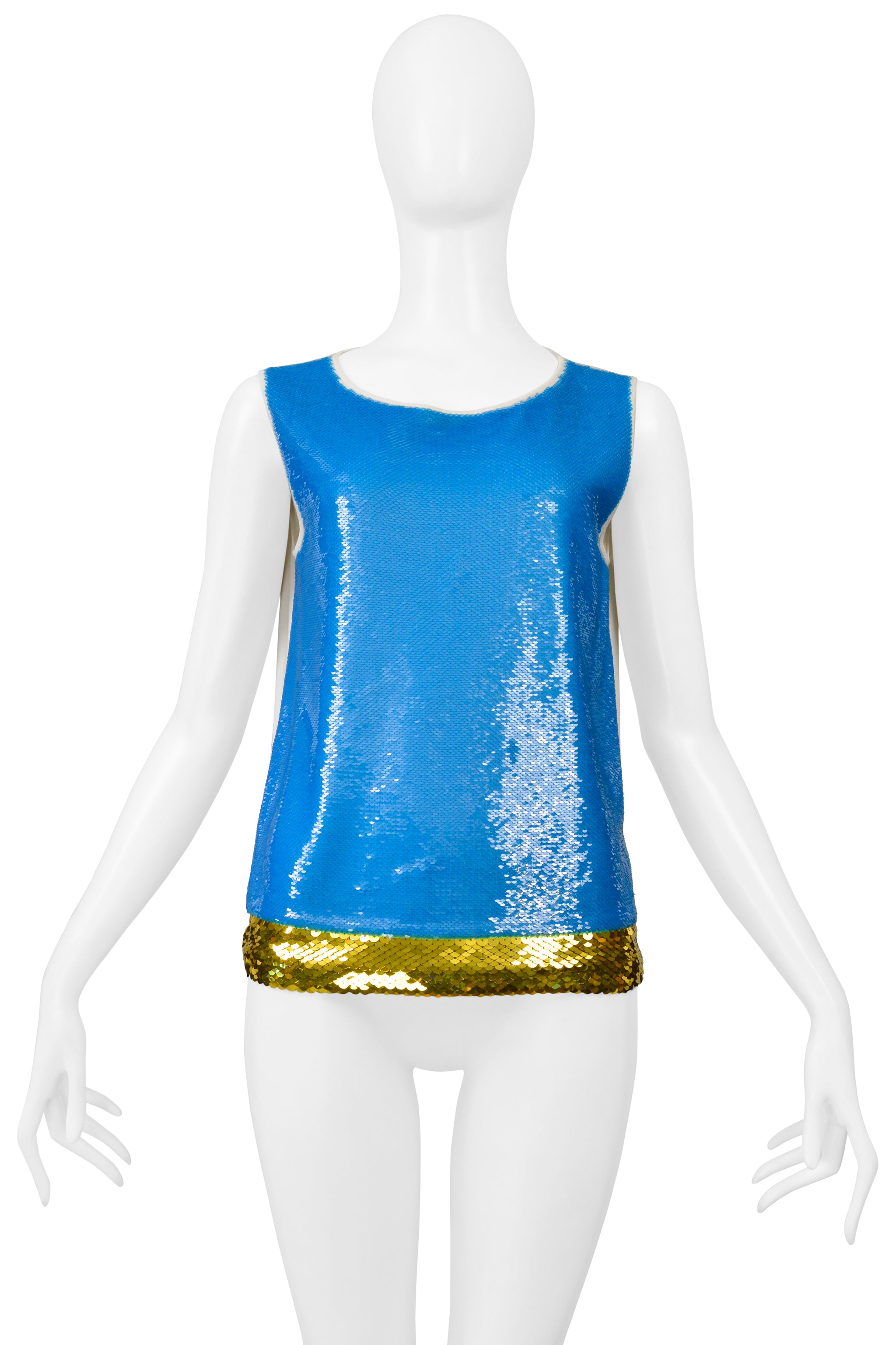 PRADA WHITE TANK T-SHIRT WITH BLUE AND GOLD SEQUINS