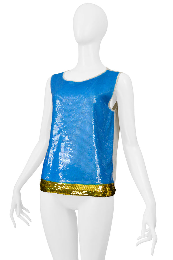 PRADA WHITE TANK T-SHIRT WITH BLUE AND GOLD SEQUINS