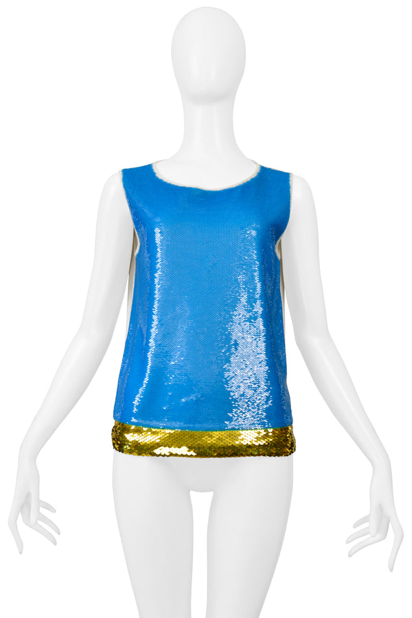 PRADA WHITE TANK T-SHIRT WITH BLUE AND GOLD SEQUINS