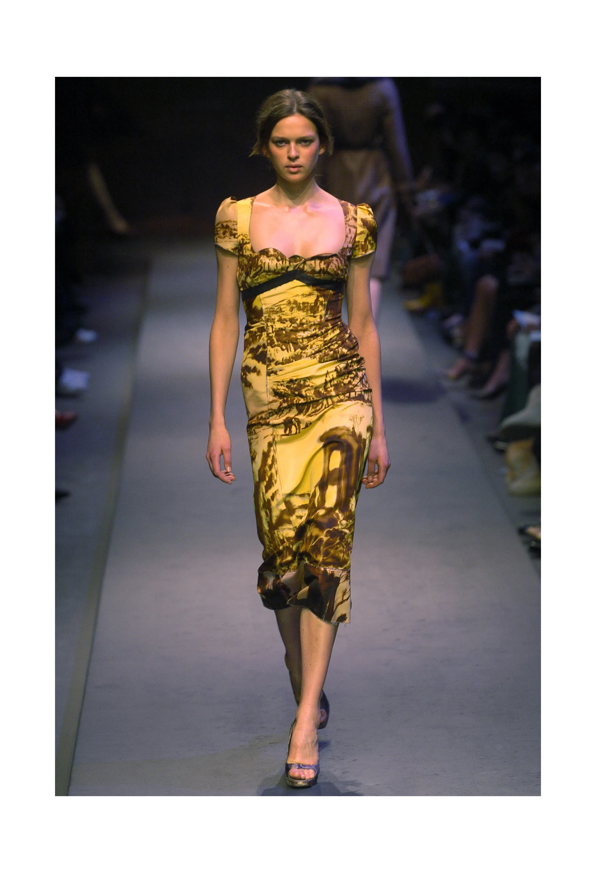 PRADA YELLOW AND BROWN PRINTED SILK DRESS FW 2004