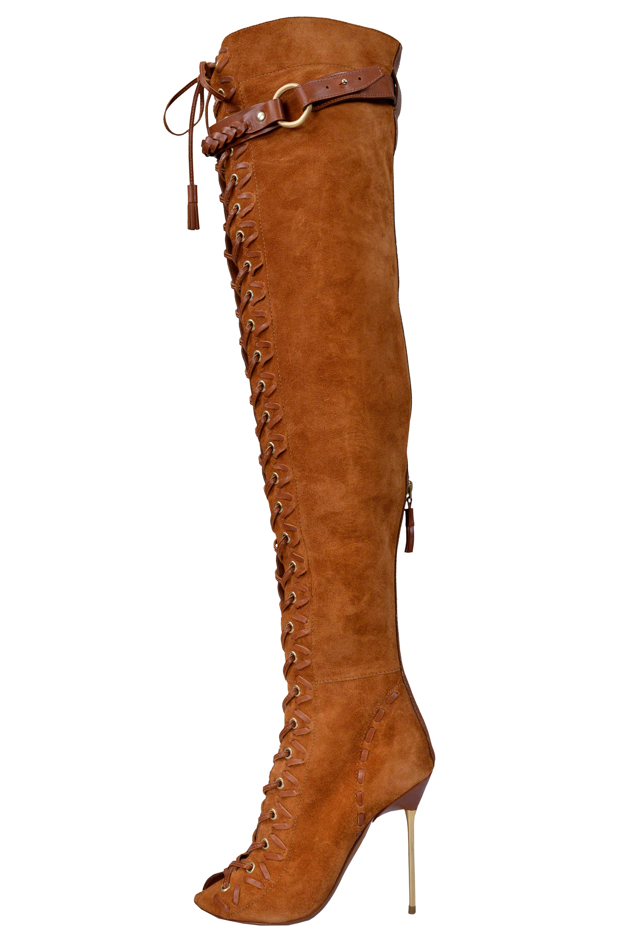 PUCCI BROWN SUEDE CORSET THIGH HIGH BOOTS WITH METAL HEELS 2011