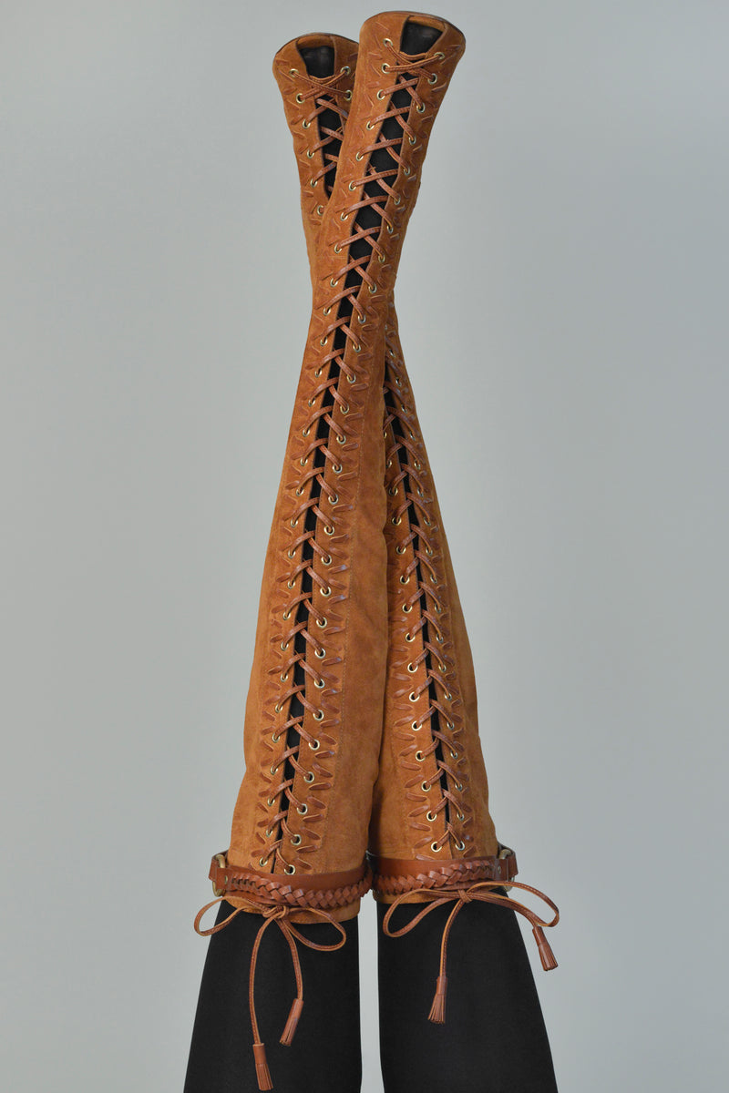PUCCI BROWN SUEDE CORSET THIGH HIGH BOOTS WITH METAL HEELS 2011