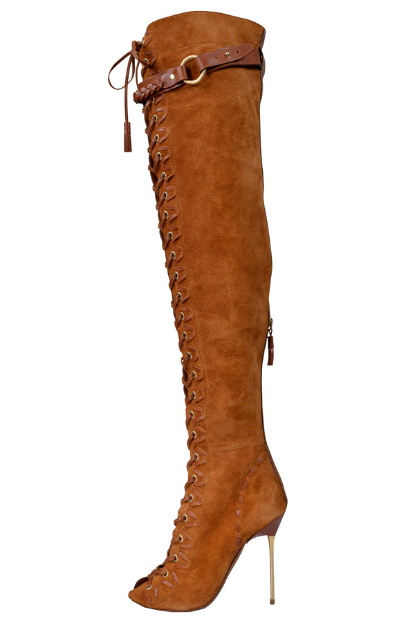 PUCCI BROWN SUEDE CORSET THIGH HIGH BOOTS WITH METAL HEELS 2011