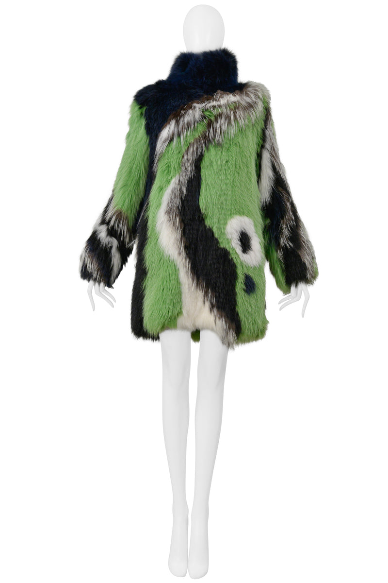 PUCCI GREEN BLACK WHITE AND GREY FOX FUR COAT 2015