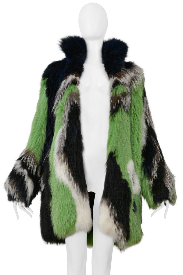 PUCCI GREEN BLACK WHITE AND GREY FOX FUR COAT 2015