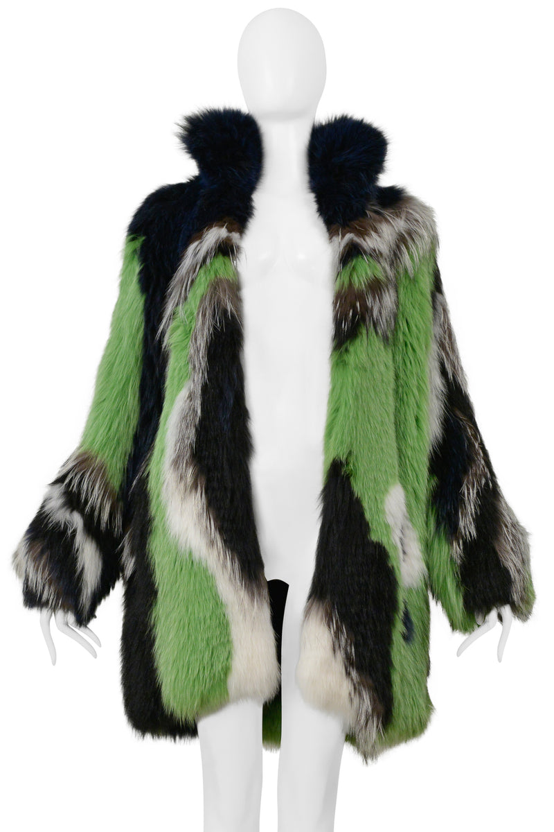 PUCCI GREEN BLACK WHITE AND GREY FOX FUR COAT 2015