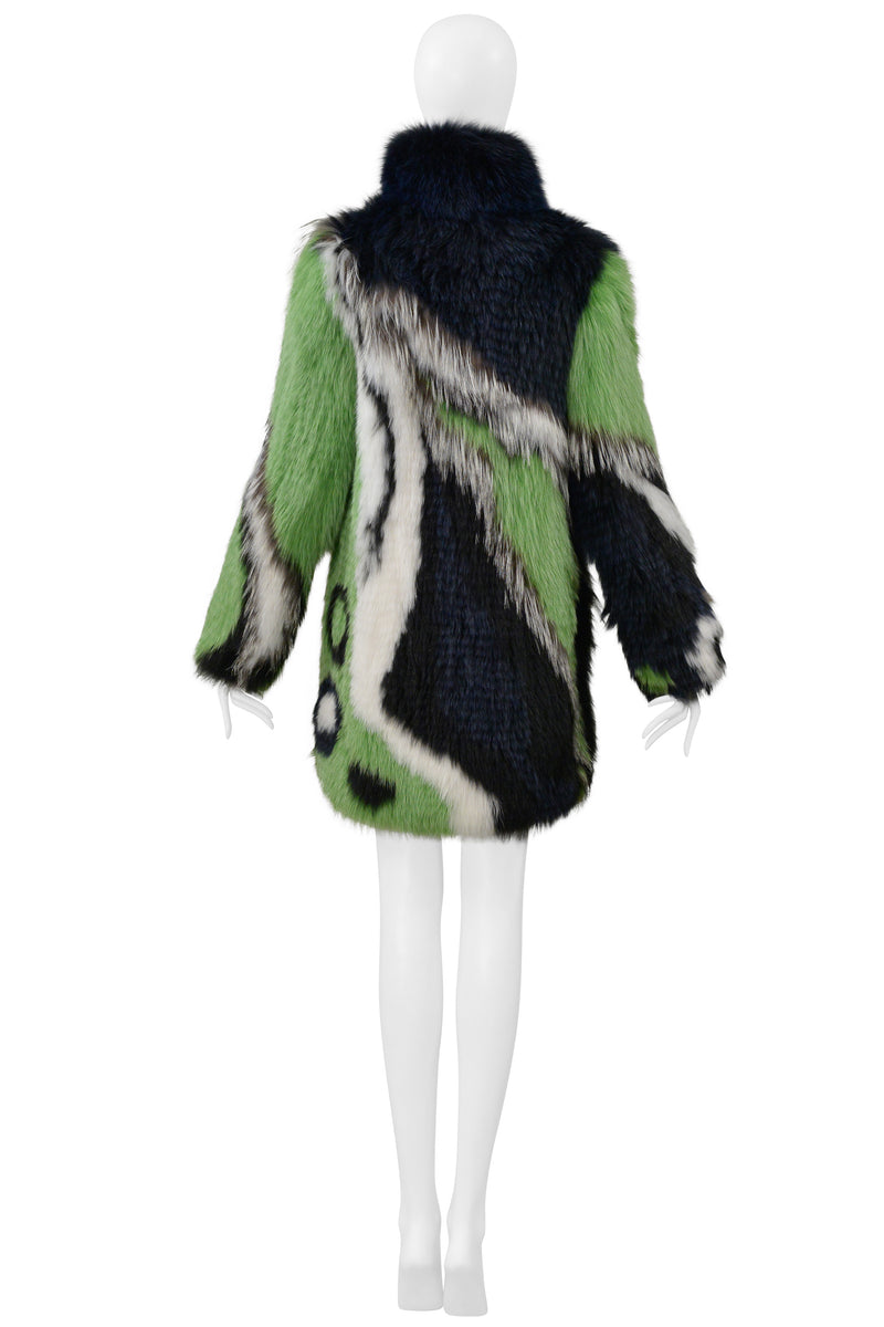 PUCCI GREEN BLACK WHITE AND GREY FOX FUR COAT 2015
