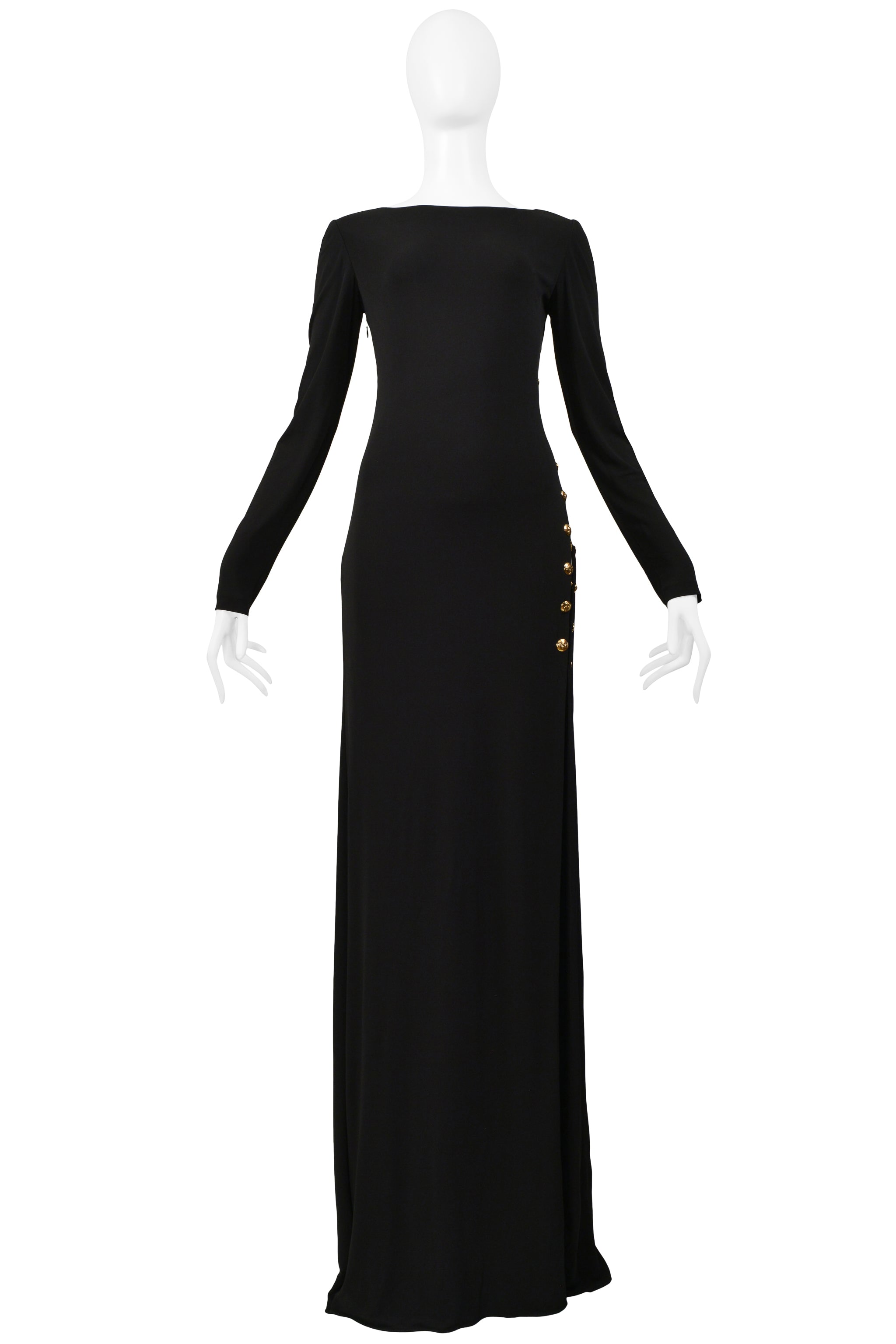 PUCCI BLACK JERSEY EVENING GOWN WITH CUTOUT AND GOLD CHAINS