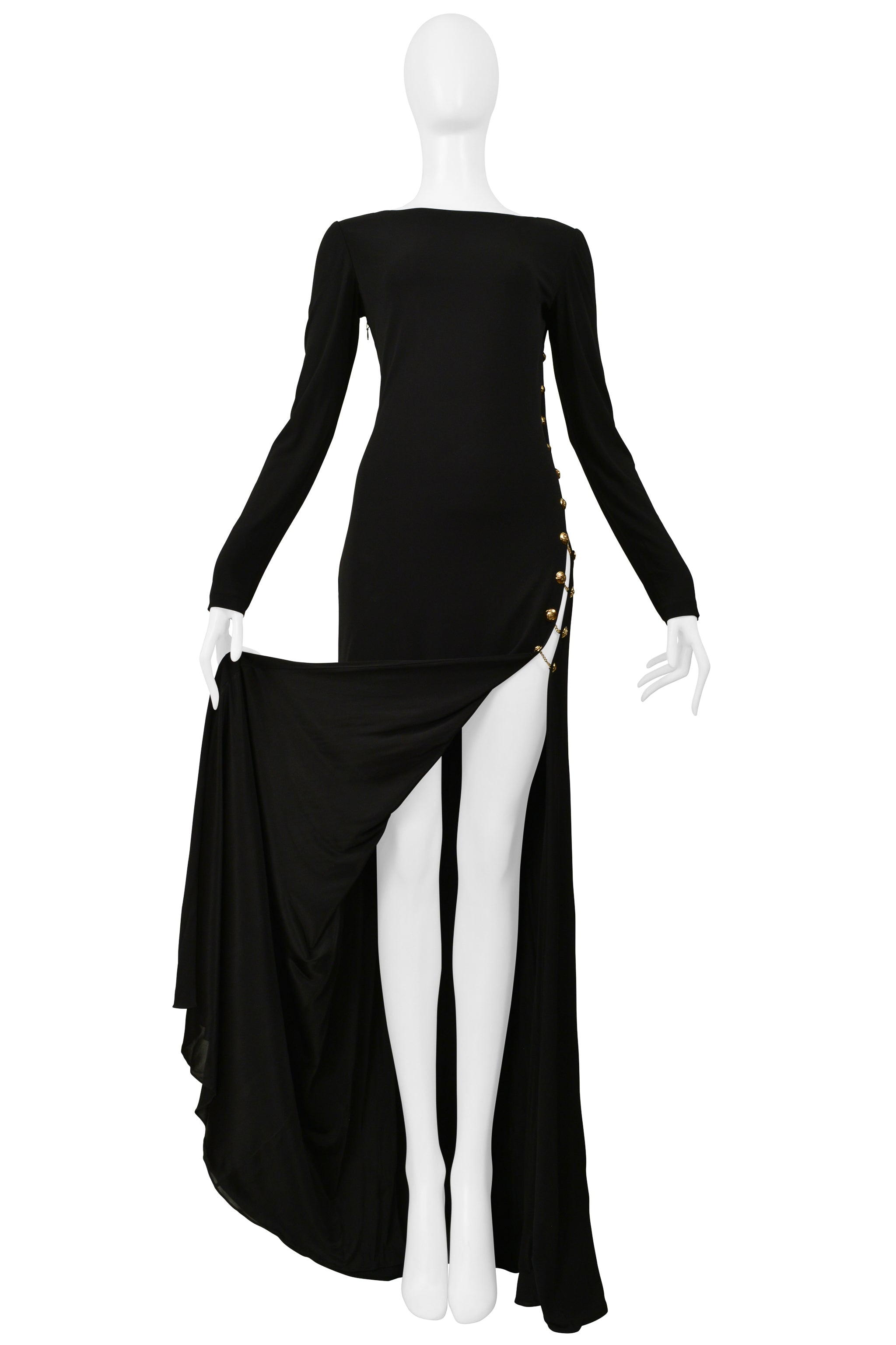 PUCCI BLACK JERSEY EVENING GOWN WITH CUTOUT AND GOLD CHAINS