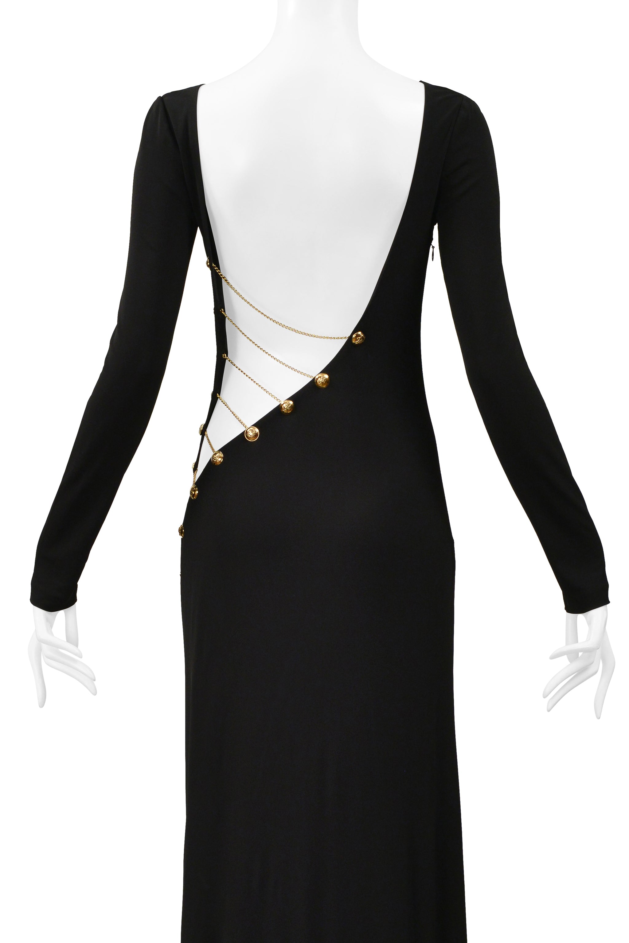 PUCCI BLACK JERSEY EVENING GOWN WITH CUTOUT AND GOLD CHAINS