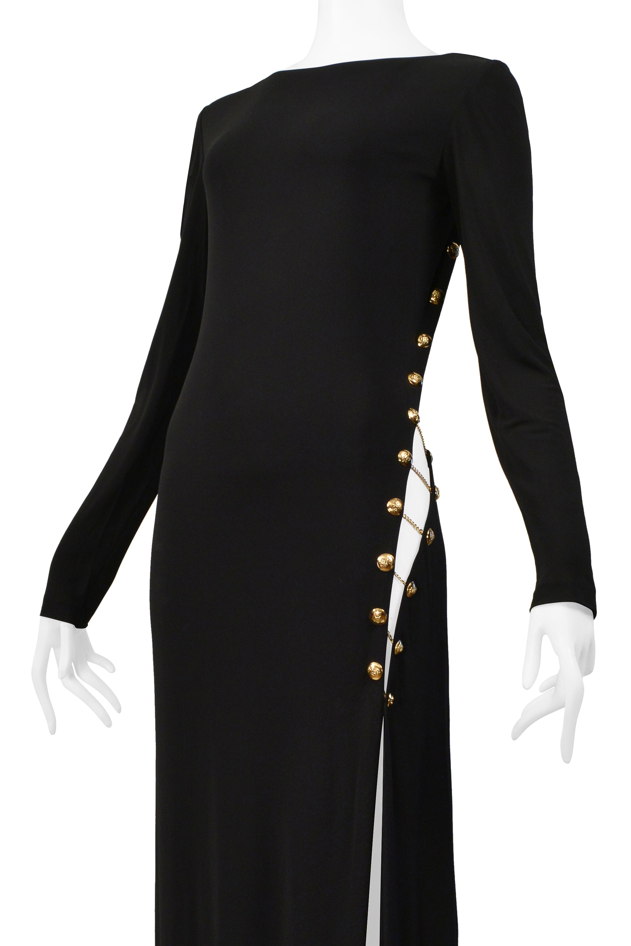 PUCCI BLACK JERSEY EVENING GOWN WITH CUTOUT AND GOLD CHAINS