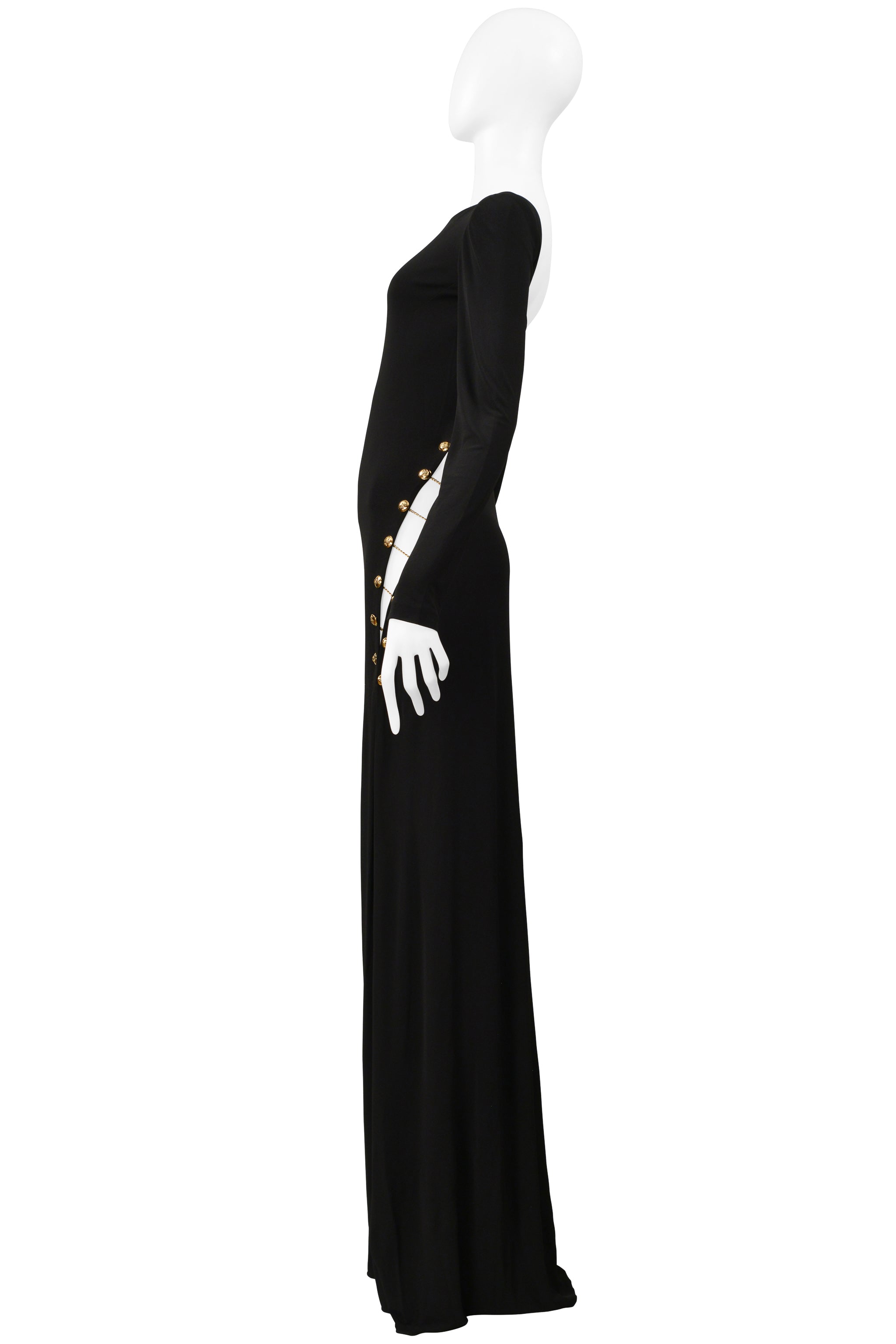 PUCCI BLACK JERSEY EVENING GOWN WITH CUTOUT AND GOLD CHAINS