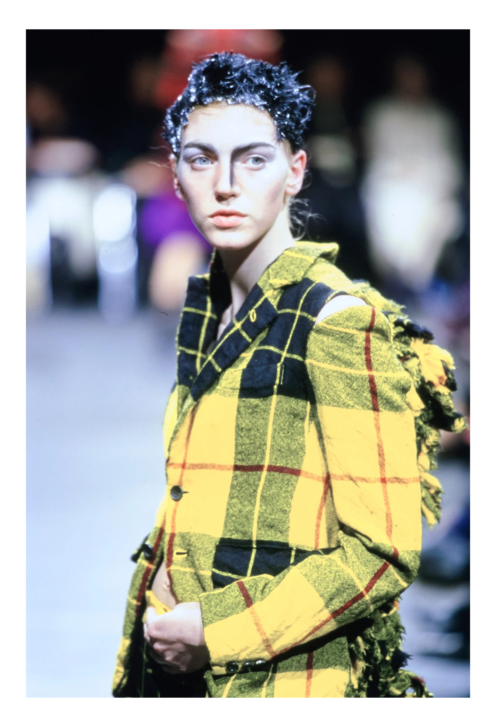 COMME DES GARCONS YELLOW RUFFLE TARTAN JACKET AND SKIRT SUIT ENSEMBLE 2000