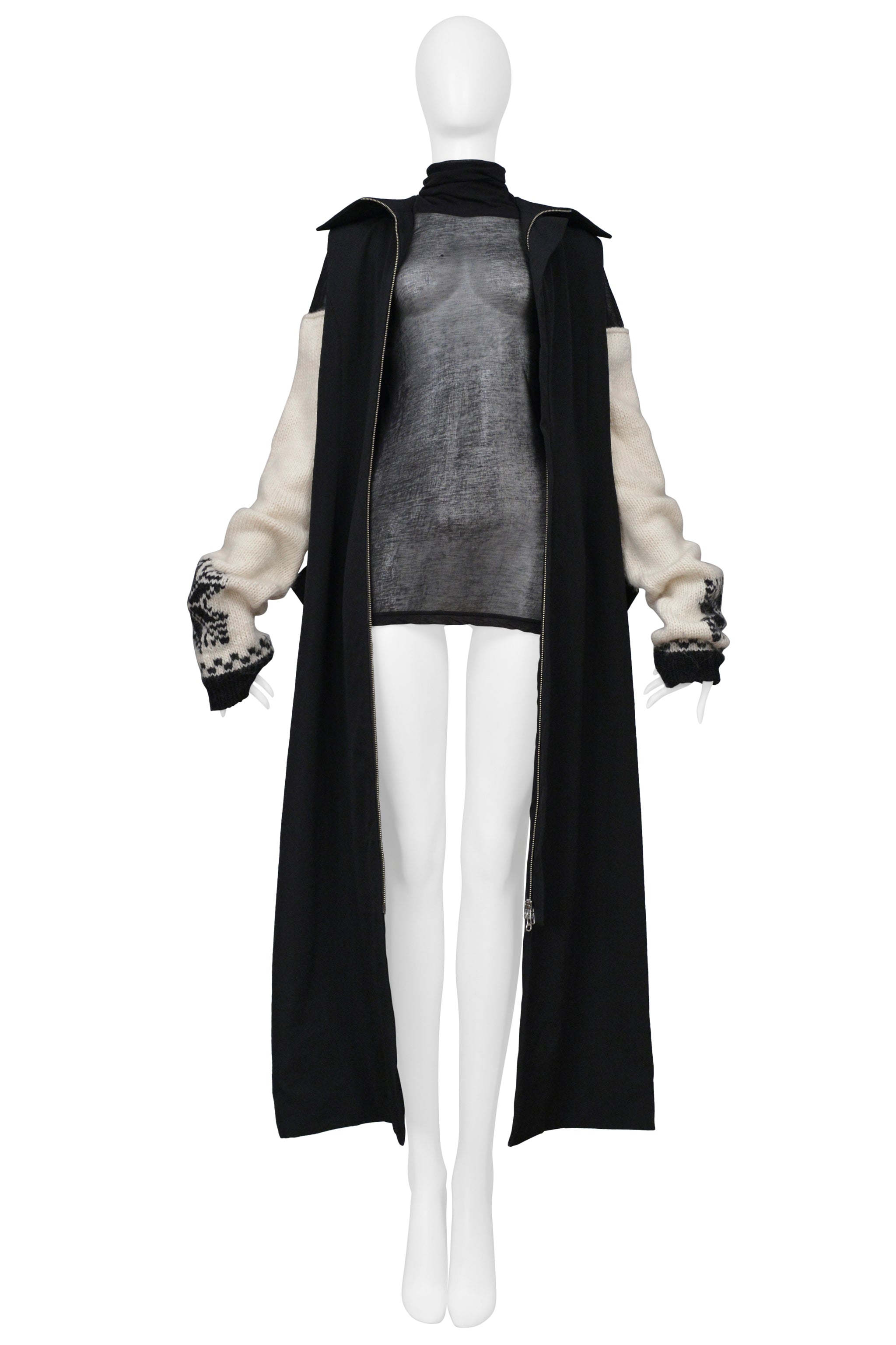 YOHJI YAMAMOTO BLACK WOOL VEST WITH BLACK SHEER HIGH NECK TOP WITH SWEATER SLEEVES 2004-05