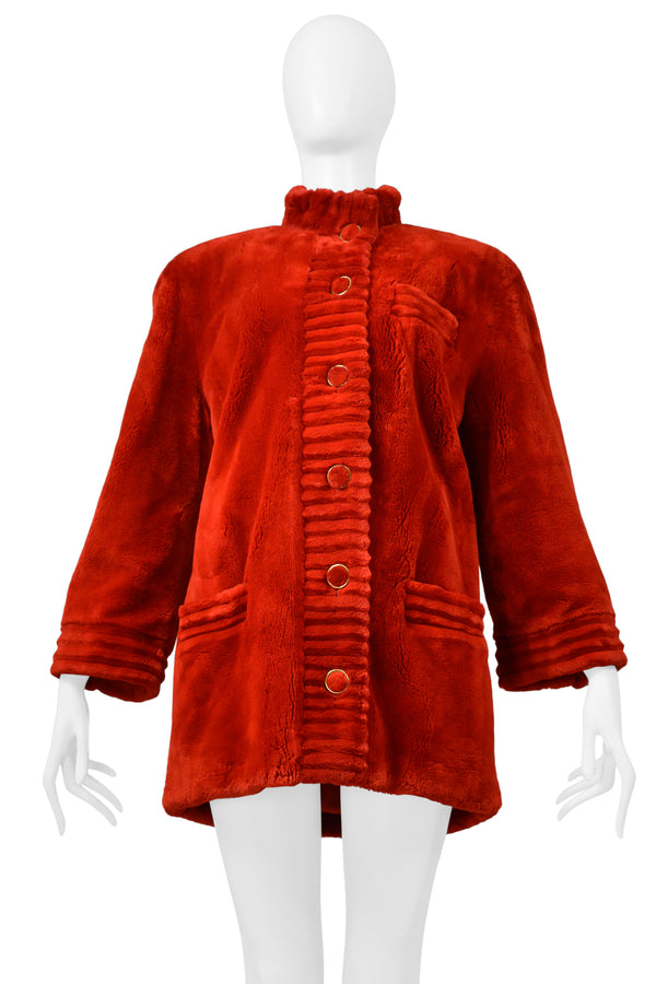 REVILLION RED SHEARED BEAVER FUR COAT WITH GOLD BUTTONS