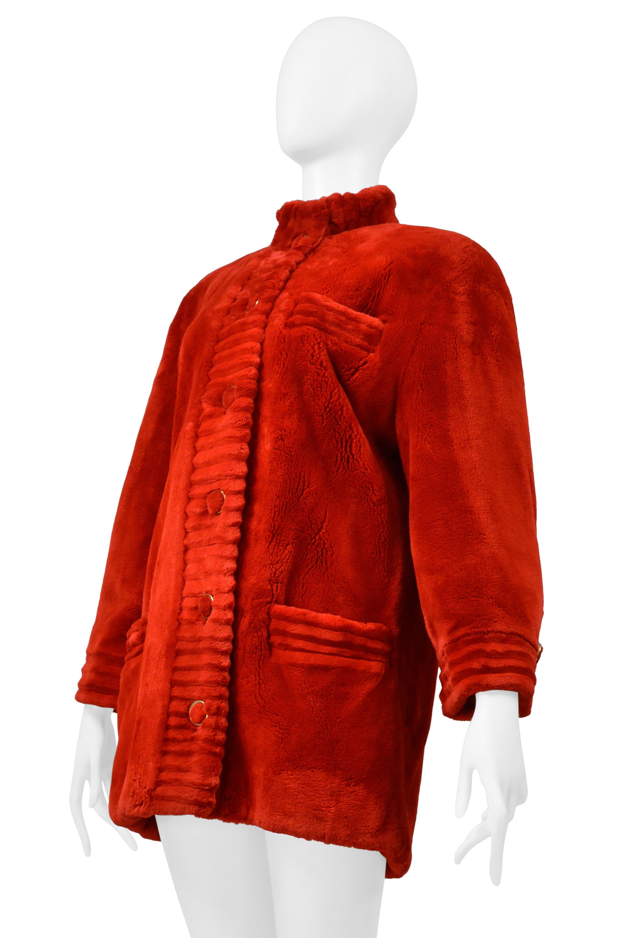 REVILLION RED SHEARED BEAVER FUR COAT WITH GOLD BUTTONS