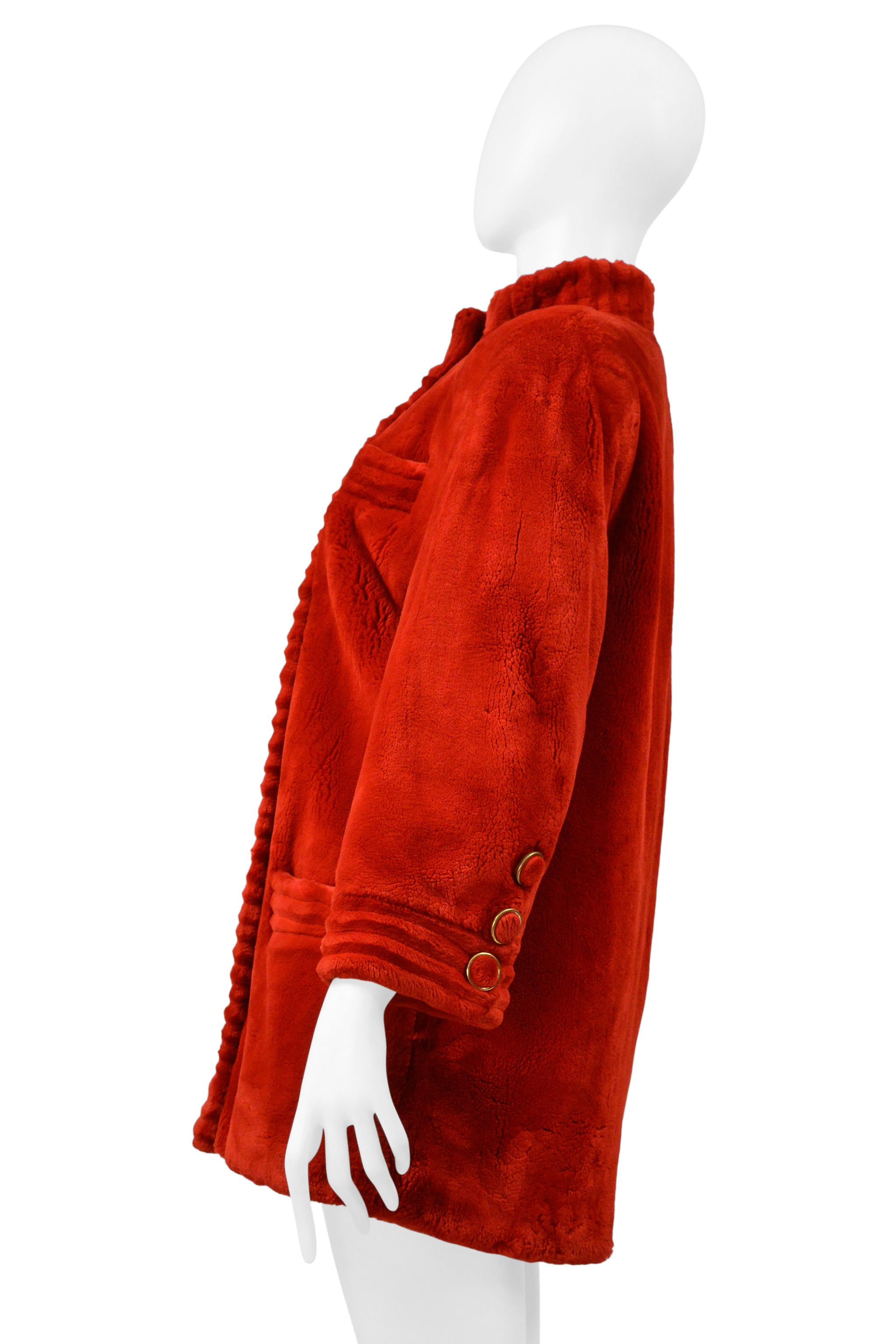REVILLION RED SHEARED BEAVER FUR COAT WITH GOLD BUTTONS