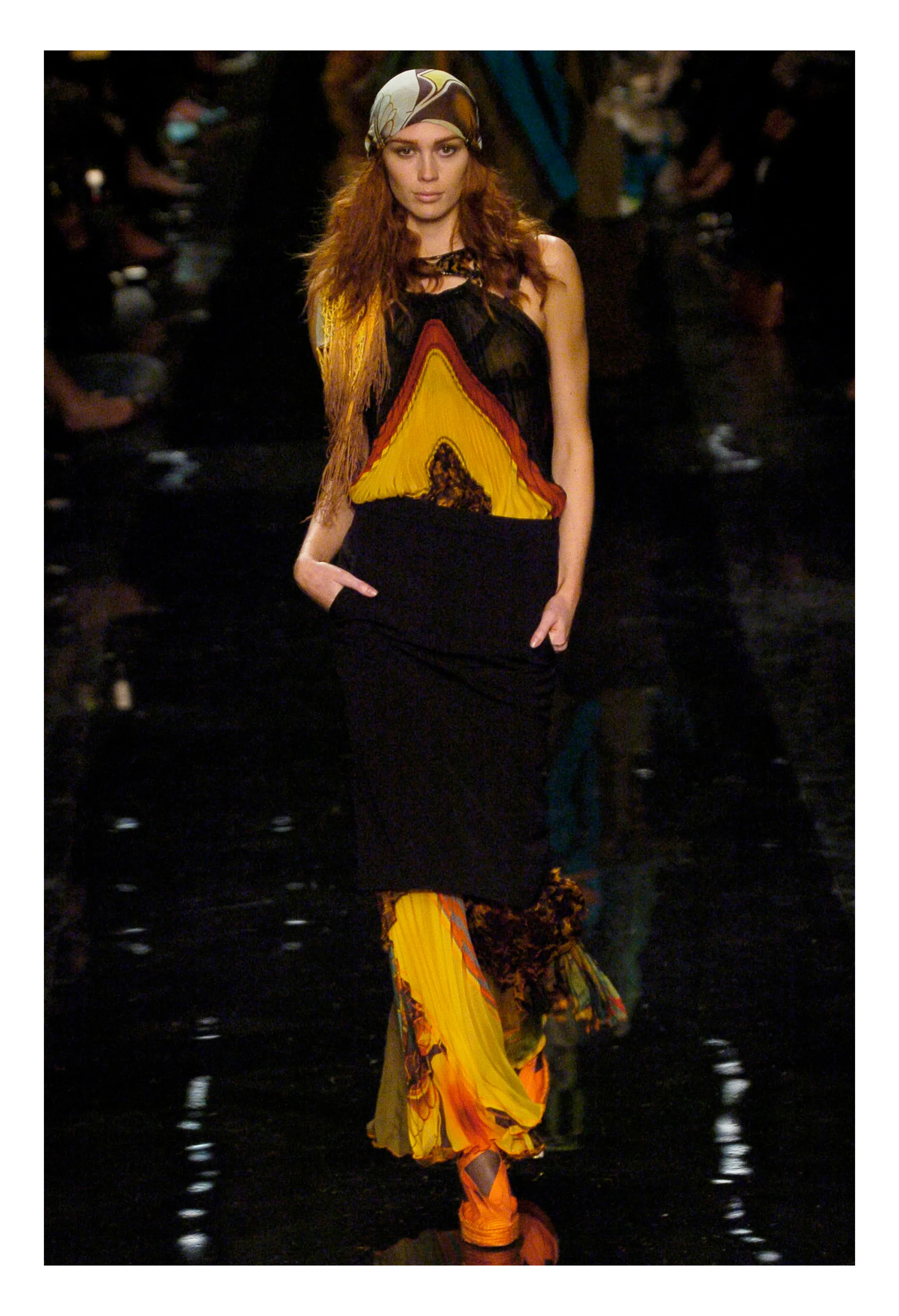 JEAN PAUL GAULTIER YELLOW, RED, AND BLACK PLEATED DRESS WITH TORTOISE COLLAR 2005