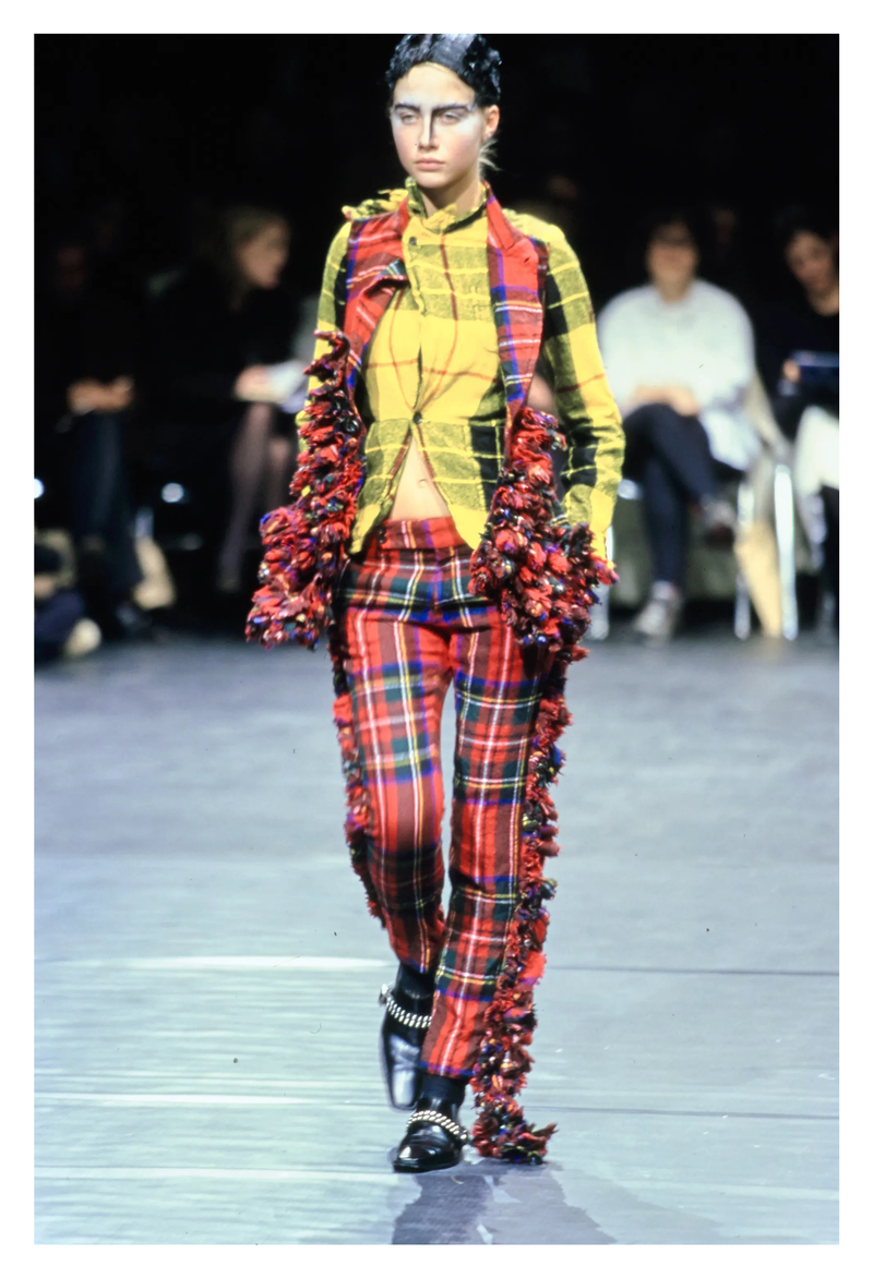 COMME DES GARCONS RED RUFFLE TARTAN JACKET AND PANTS SUIT ENSEMBLE 2000