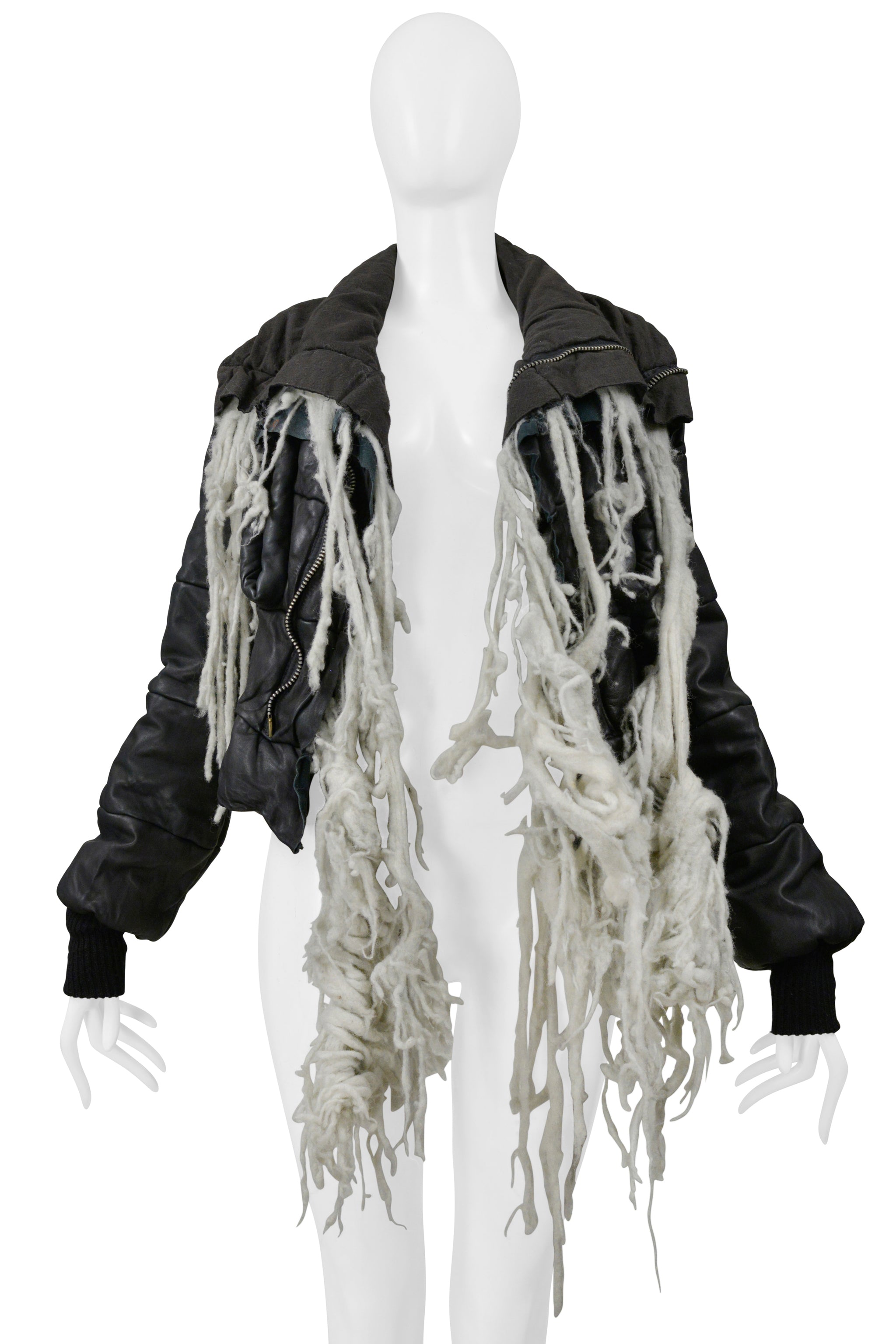 RICK OWENS BLACK LEATHER PADDED JACKET WITH  WOOL TUFTS AW 2003