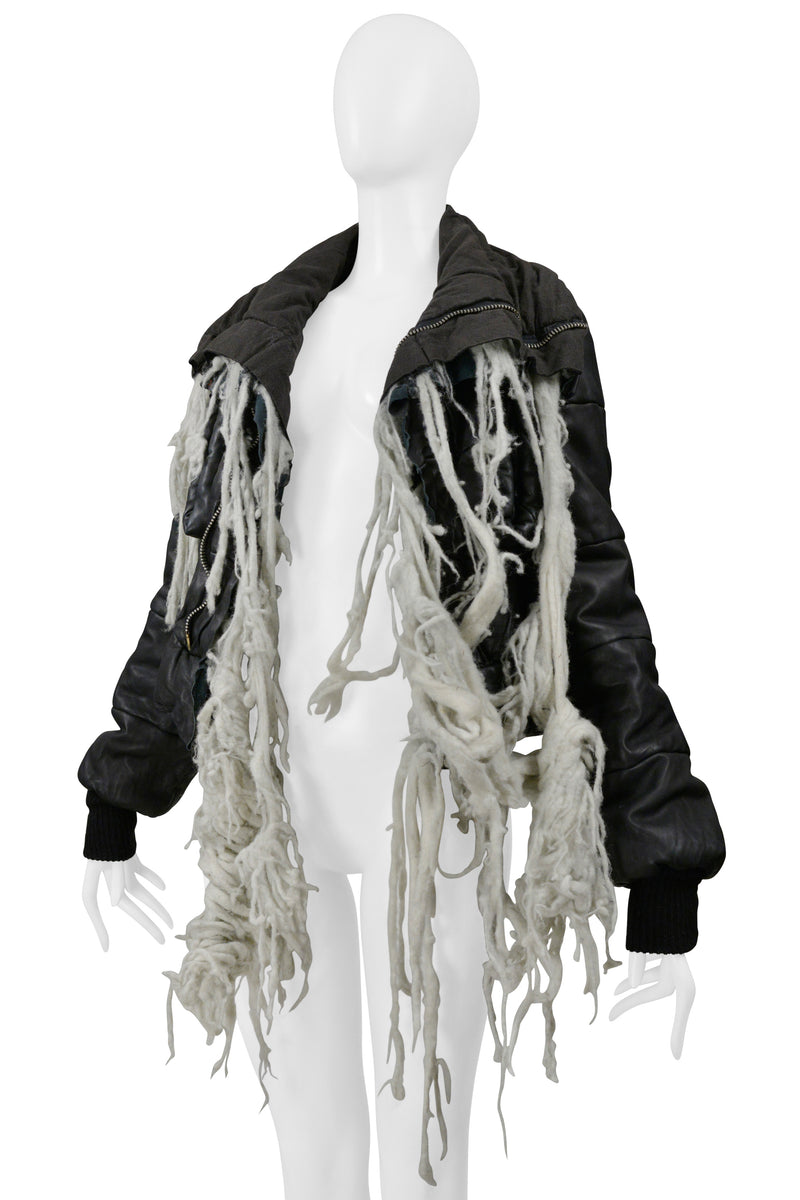 RICK OWENS BLACK LEATHER PADDED JACKET WITH  WOOL TUFTS AW 2003