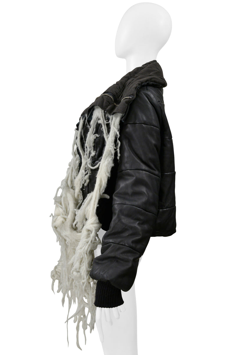 RICK OWENS BLACK LEATHER PADDED JACKET WITH  WOOL TUFTS AW 2003