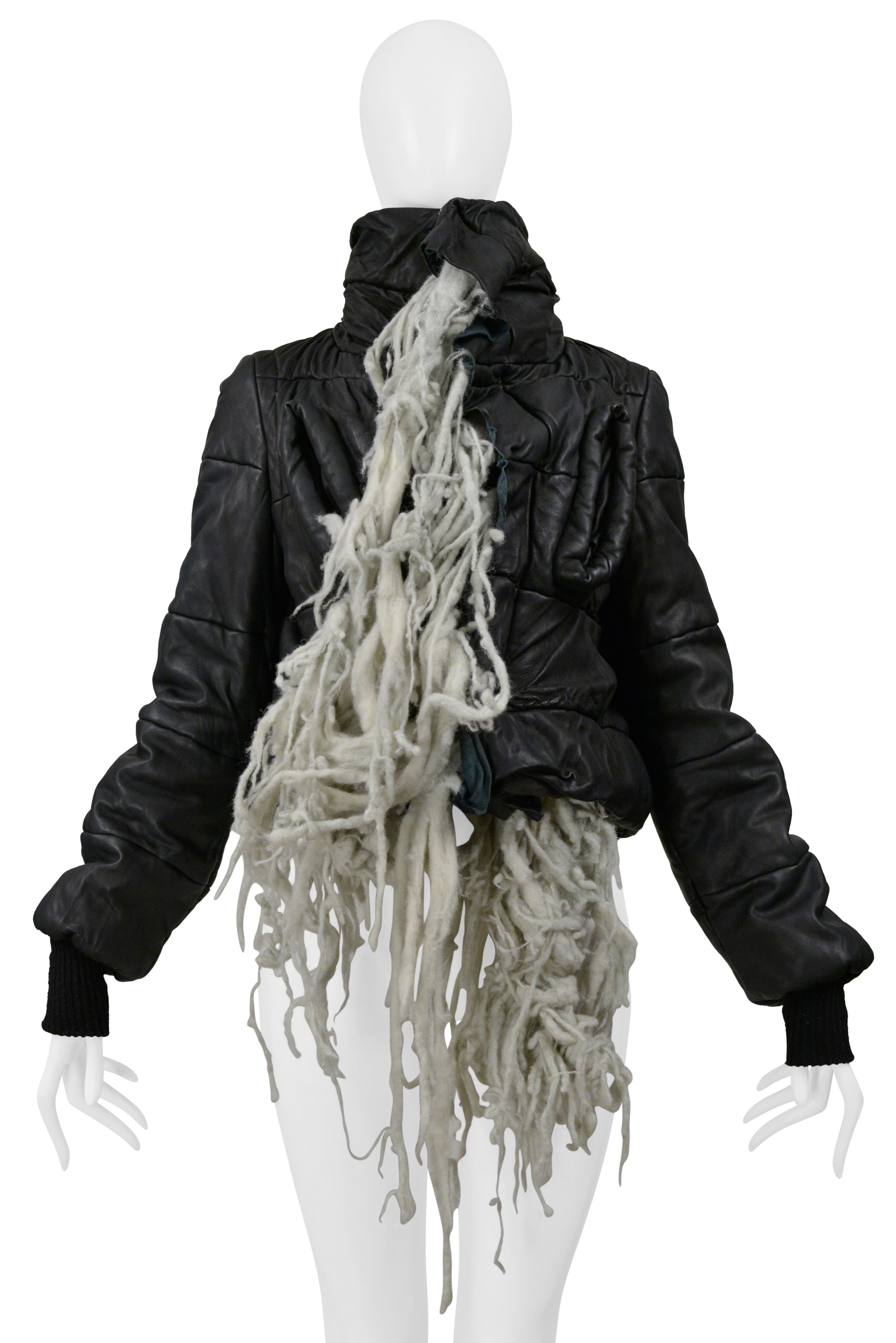 RICK OWENS BLACK LEATHER PADDED JACKET WITH  WOOL TUFTS AW 2003