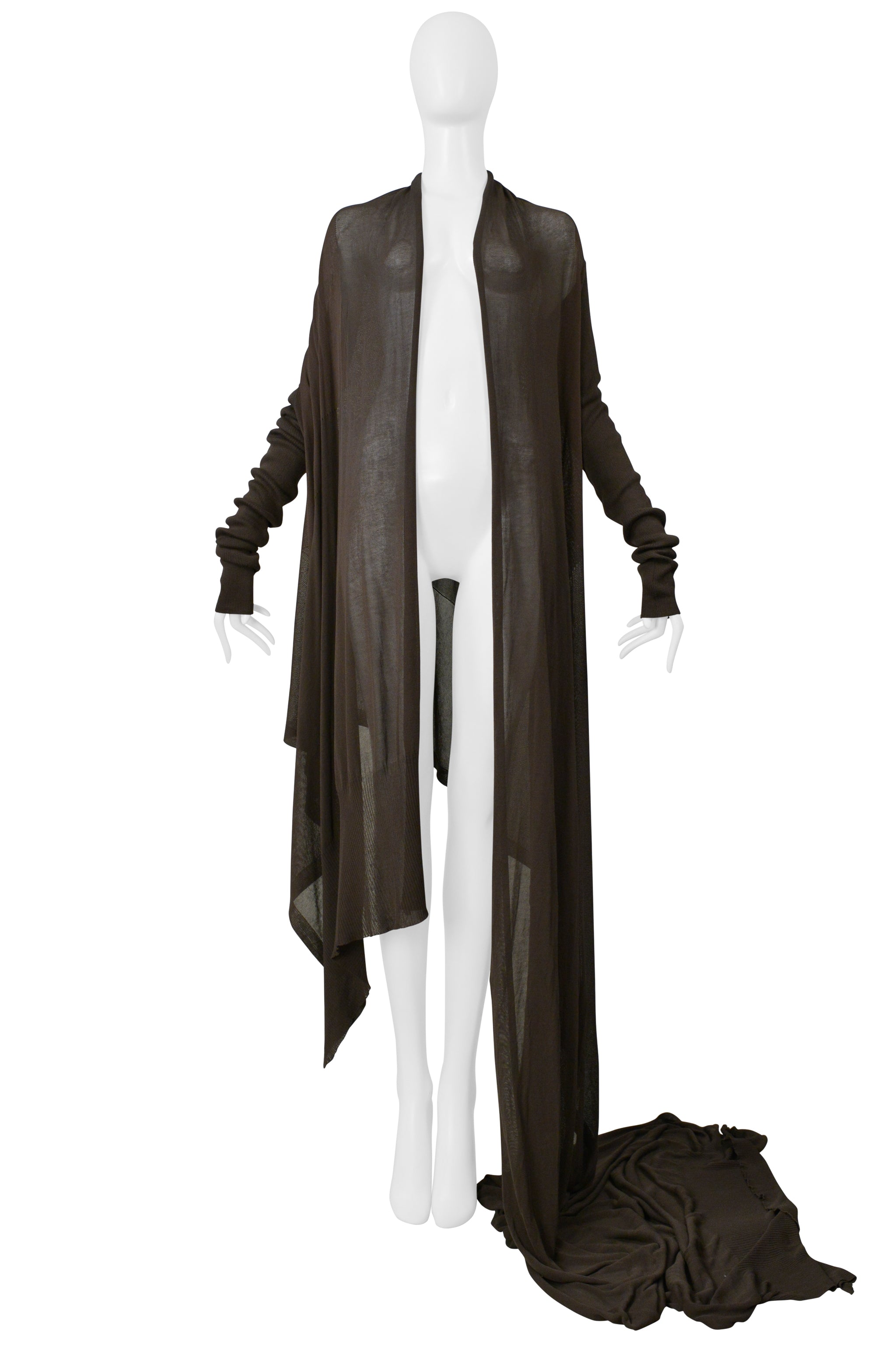 RICK OWENS  MUD BROWN CARDIGAN SWEATER WITH ATTACHED SCARF 2004