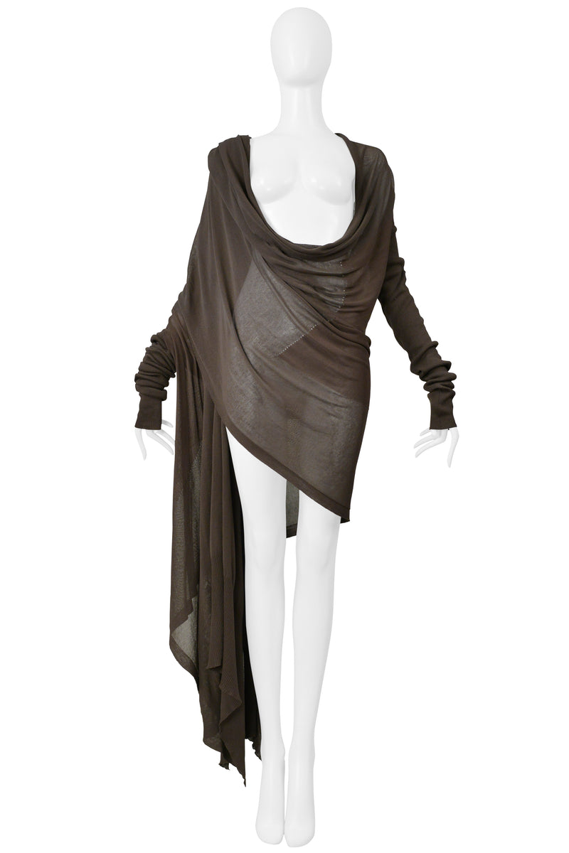 RICK OWENS  MUD BROWN CARDIGAN SWEATER WITH ATTACHED SCARF 2004